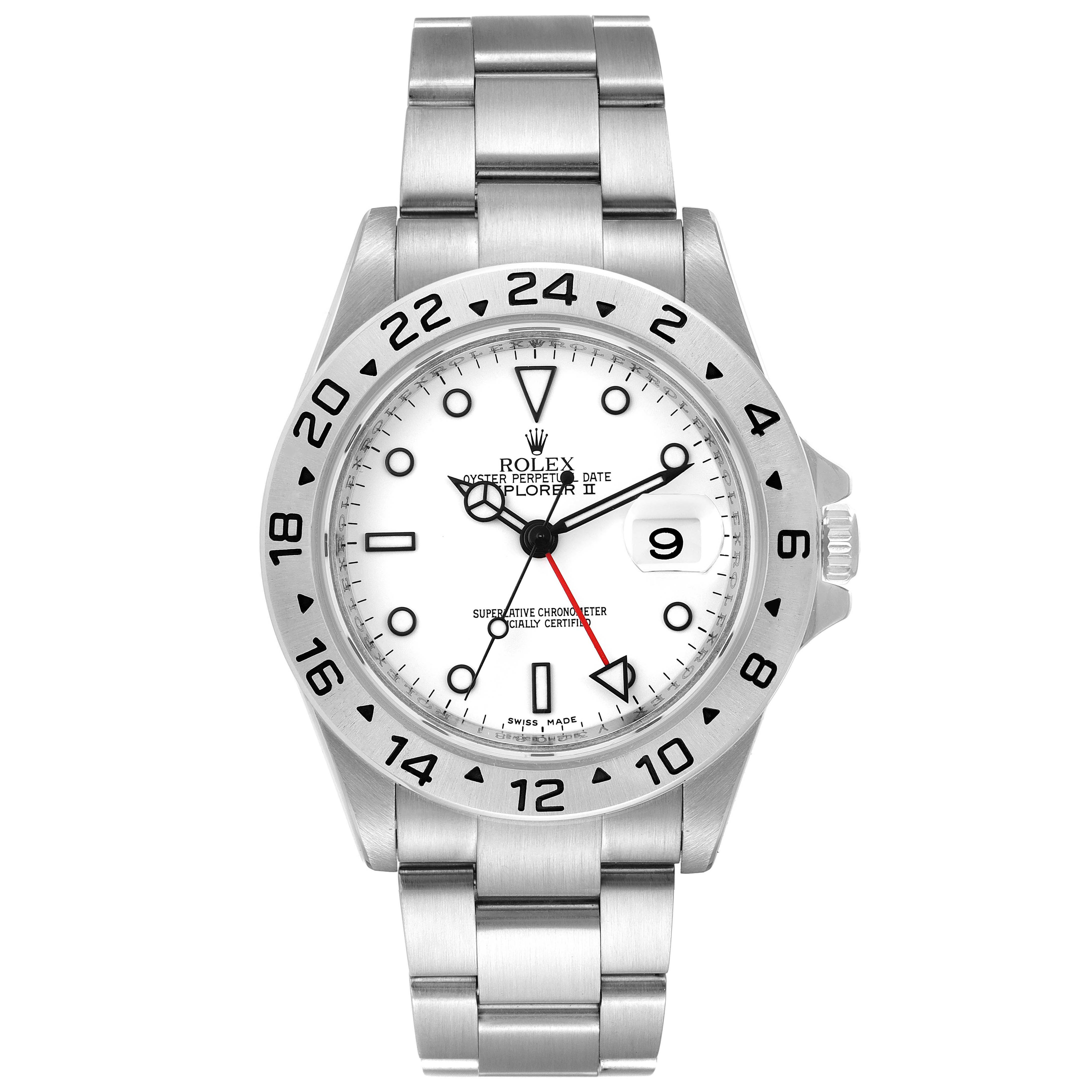 The image shows a front view of a Rolex Explorer 16570 Men's Stainless Steel White Dial 16570 Men's Stainless Steel White Dial II, displaying the bezel, dial, hands, bracelet, and crown.