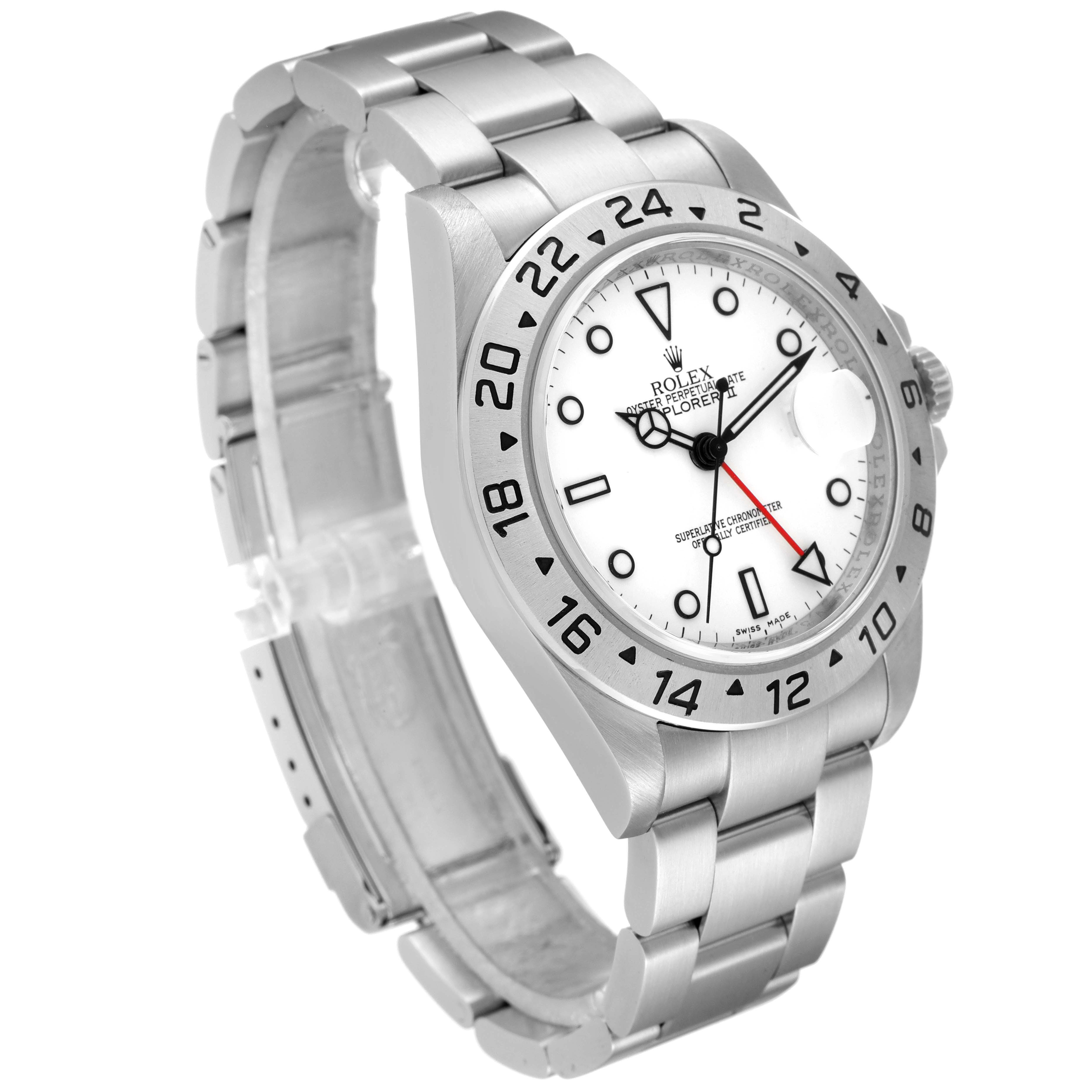 The Rolex Explorer 16570 Men's Stainless Steel White Dial 16570 Men's Stainless Steel White Dial model watch is shown at an angled top-view, highlighting the face, bezel, crown, and bracelet.