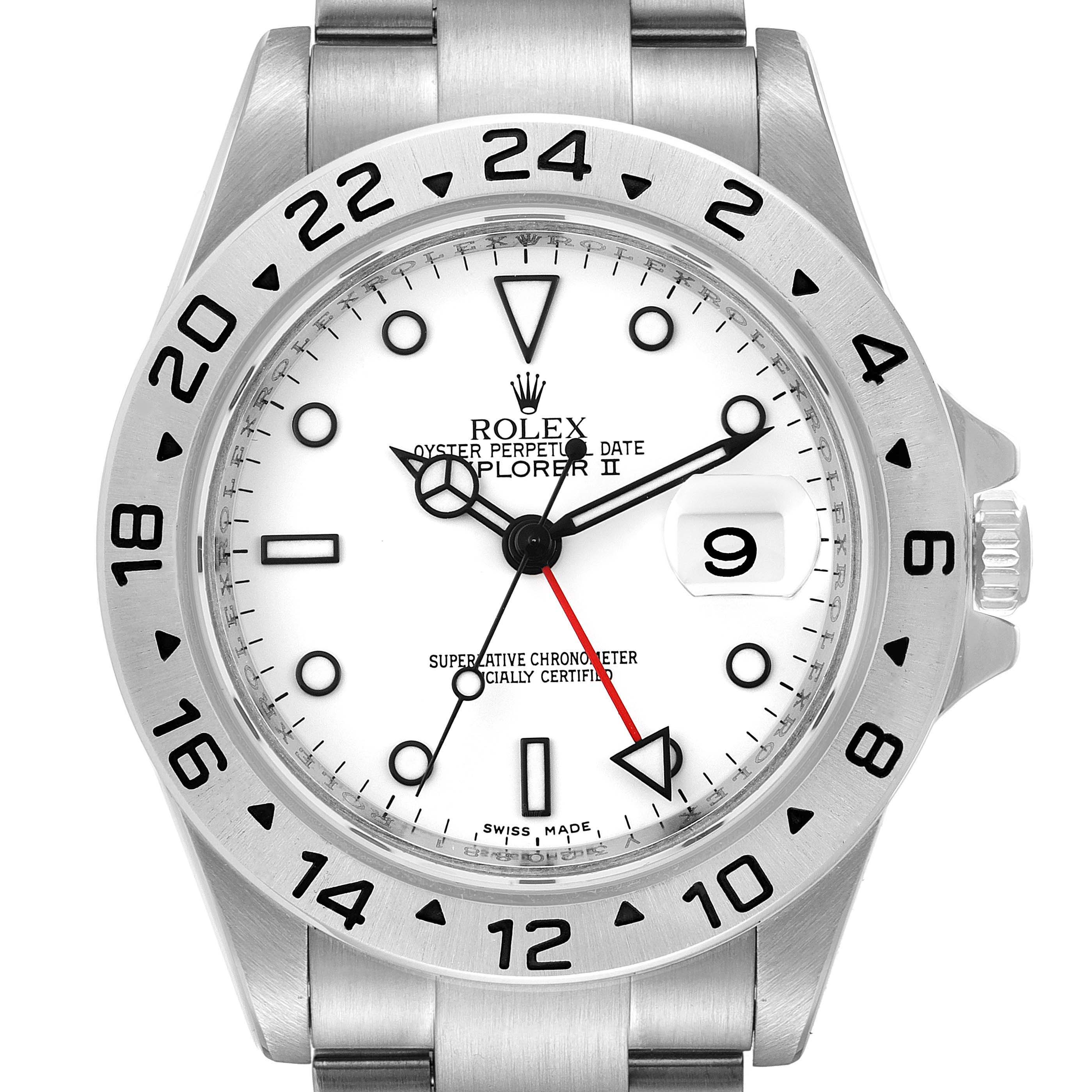 This image shows a front view of a Rolex Explorer 16570 Men's Stainless Steel White Dial 16570 Men's Stainless Steel White Dial watch, displaying the face, bezel, and part of the bracelet.