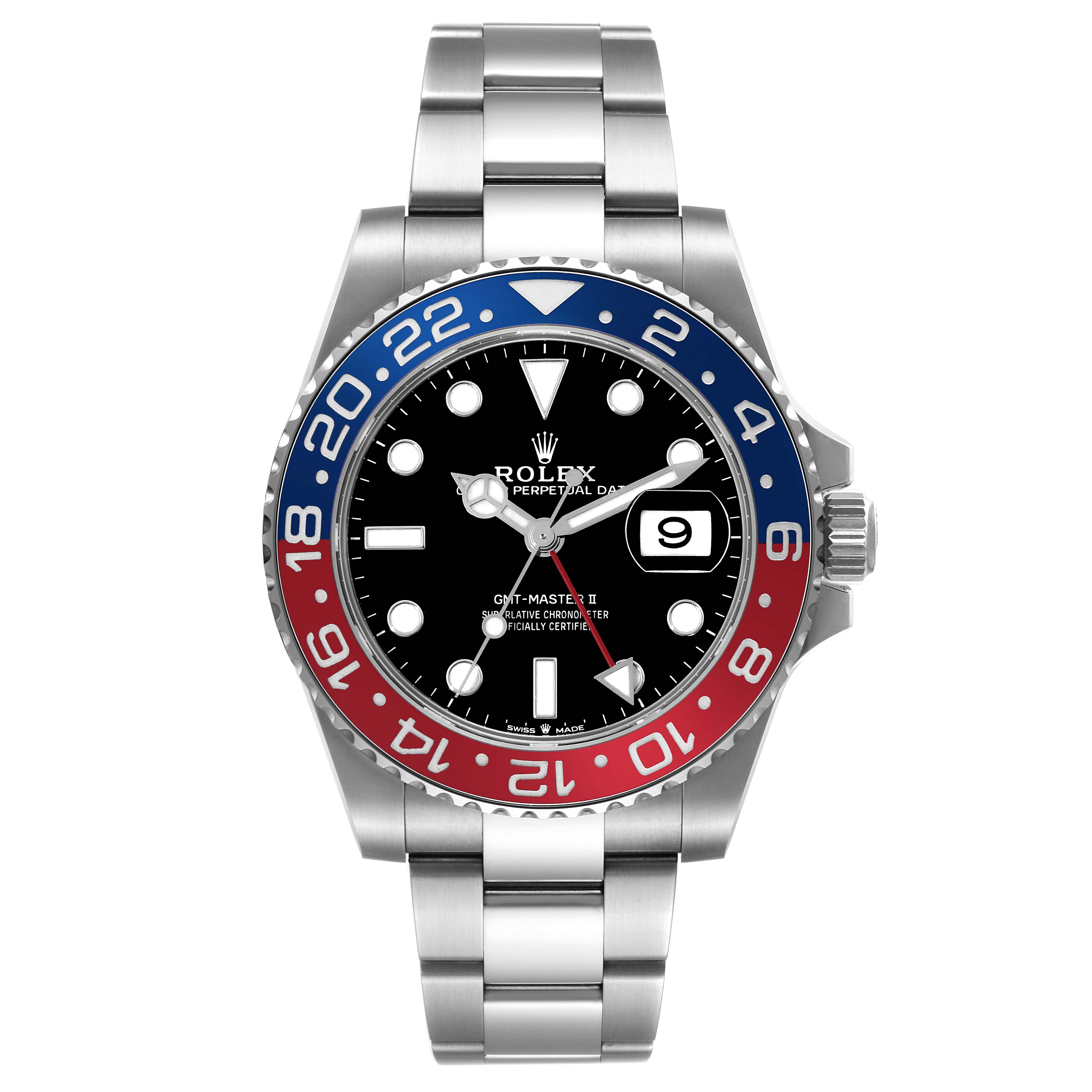The image shows a front view of the Rolex GMT-Master 126710BLRO Men's Stainless Steel Black Dial 126710BLRO Men's Stainless Steel Black Dial II watch, highlighting its dial, bezel, and bracelet.