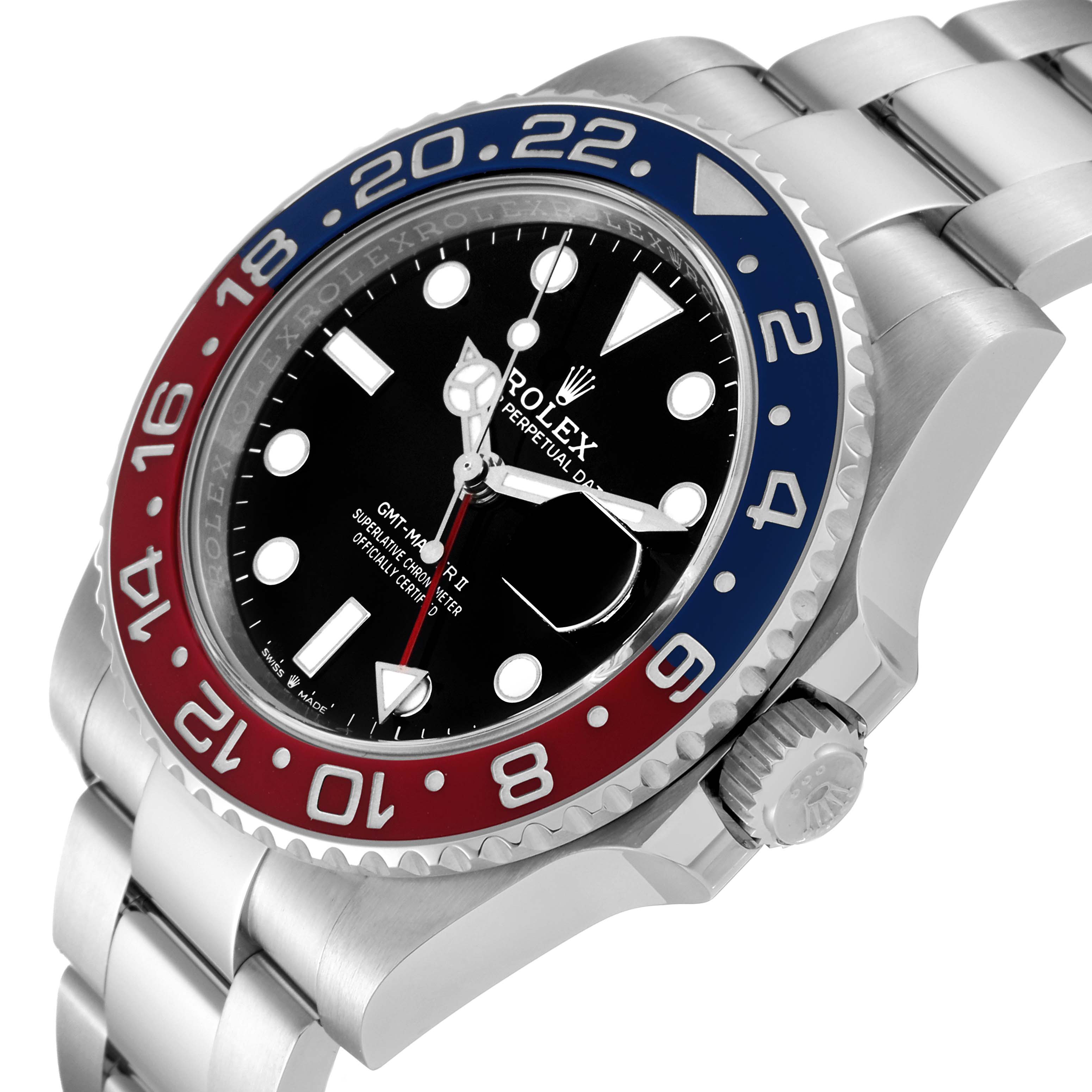 This image shows a Rolex GMT-Master 126710BLRO Men's Stainless Steel Black Dial 126710BLRO Men's Stainless Steel Black Dial II watch at an angled view, highlighting the bezel, dial, and bracelet.