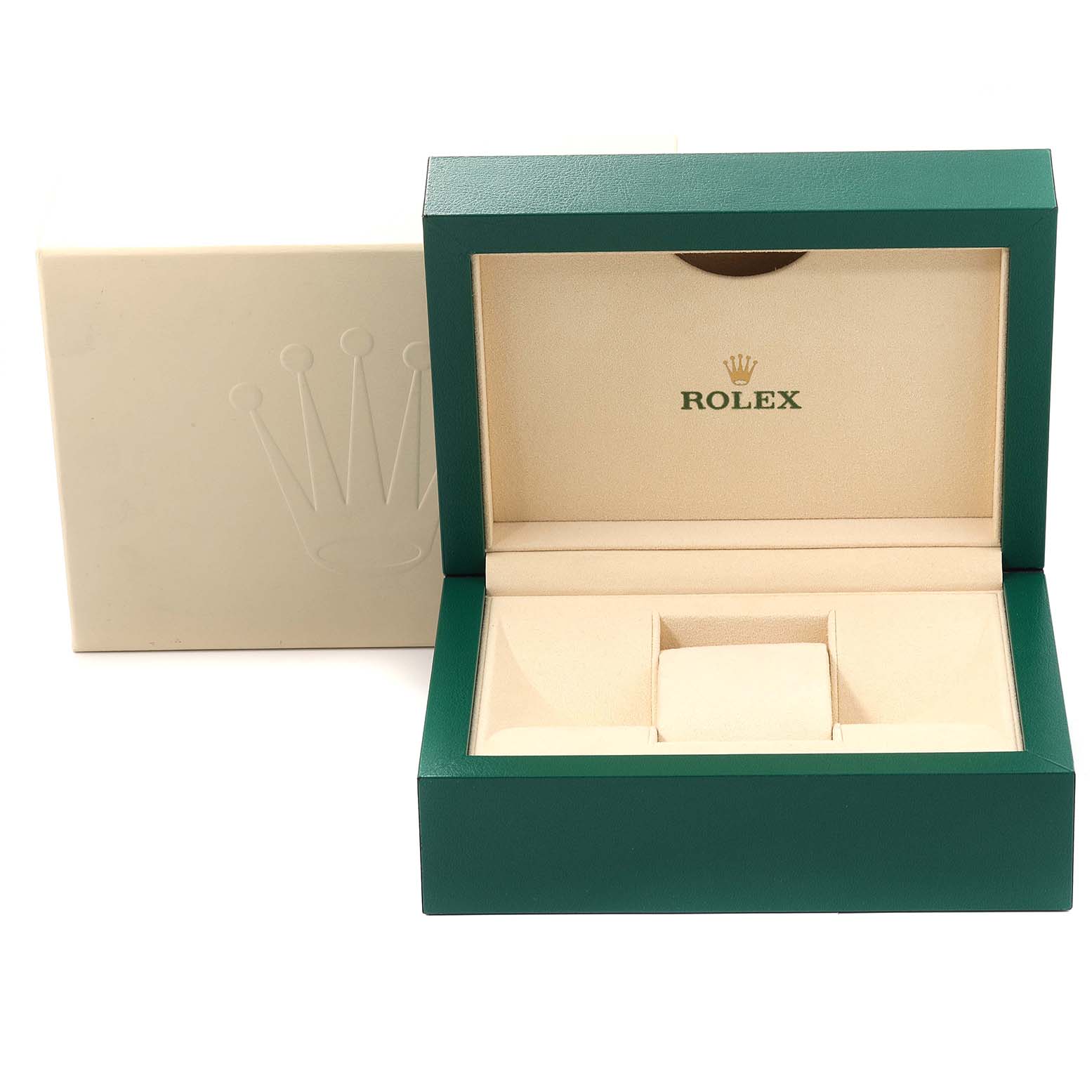 The image shows an open Rolex GMT-Master 126710BLRO Men's Stainless Steel Black Dial 126710BLRO Men's Stainless Steel Black Dial watch box, featuring the exterior green box and the interior beige cushion.