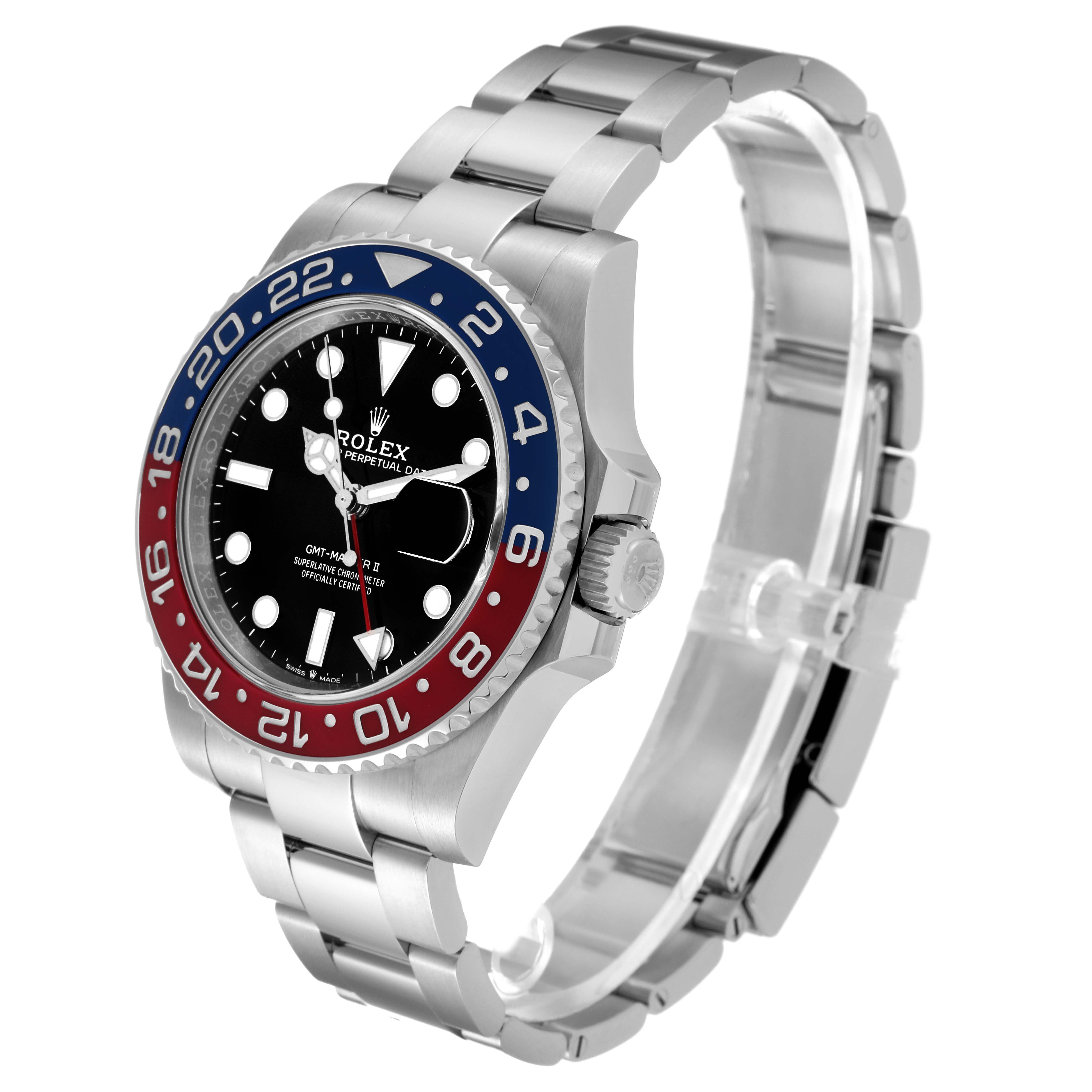 The image shows a Rolex GMT-Master 126710BLRO Men's Stainless Steel Black Dial 126710BLRO Men's Stainless Steel Black Dial watch at a three-quarter angle, highlighting the bezel, dial, bracelet, and crown.