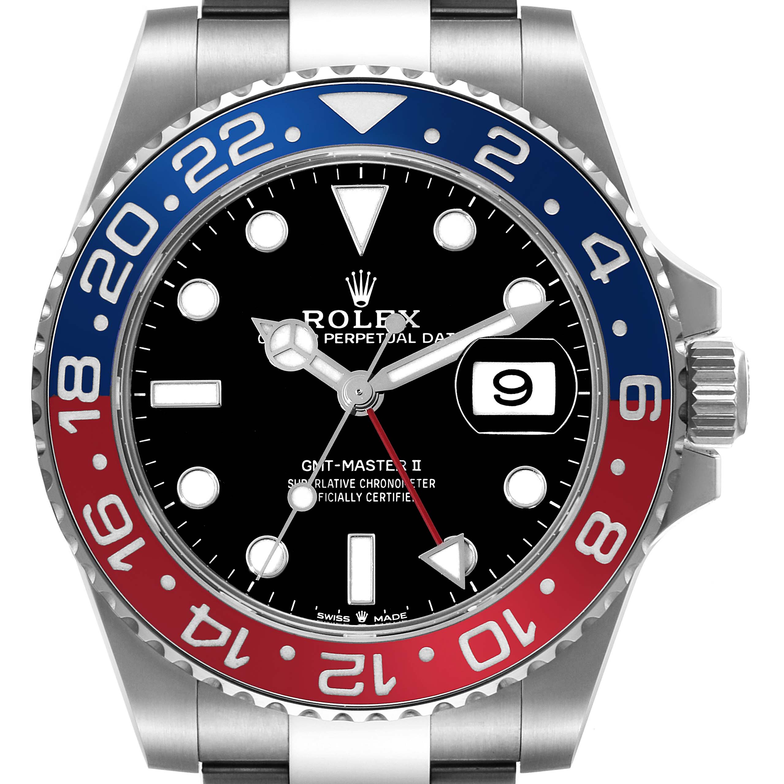 The image shows a front view of a Rolex GMT-Master 126710BLRO Men's Stainless Steel Black Dial 126710BLRO Men's Stainless Steel Black Dial II watch displaying its dial, bezel, hands, and date window.