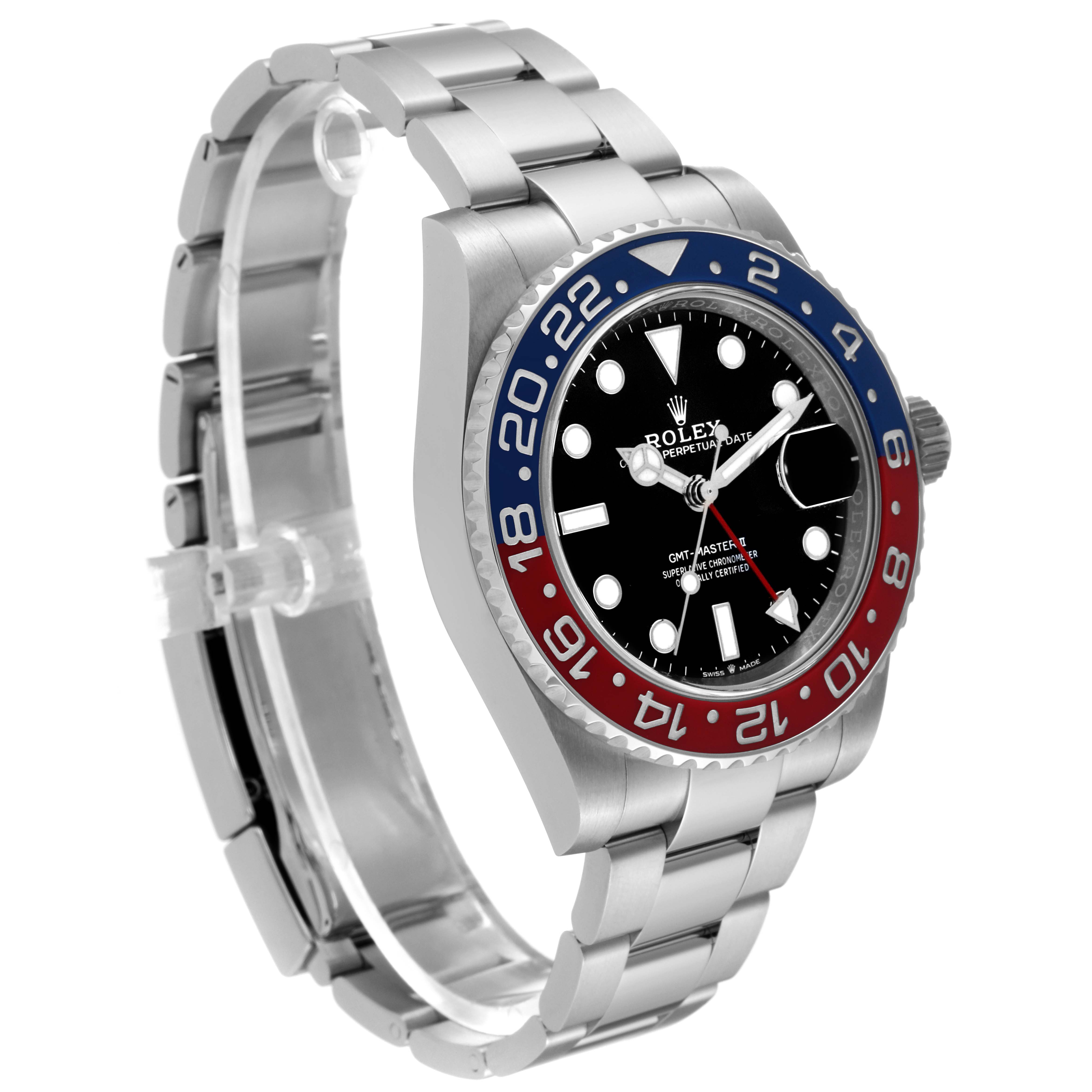 The image shows a side angle of the Rolex GMT-Master 126710BLRO Men's Stainless Steel Black Dial 126710BLRO Men's Stainless Steel Black Dial watch, highlighting its bezel, dial, and bracelet.