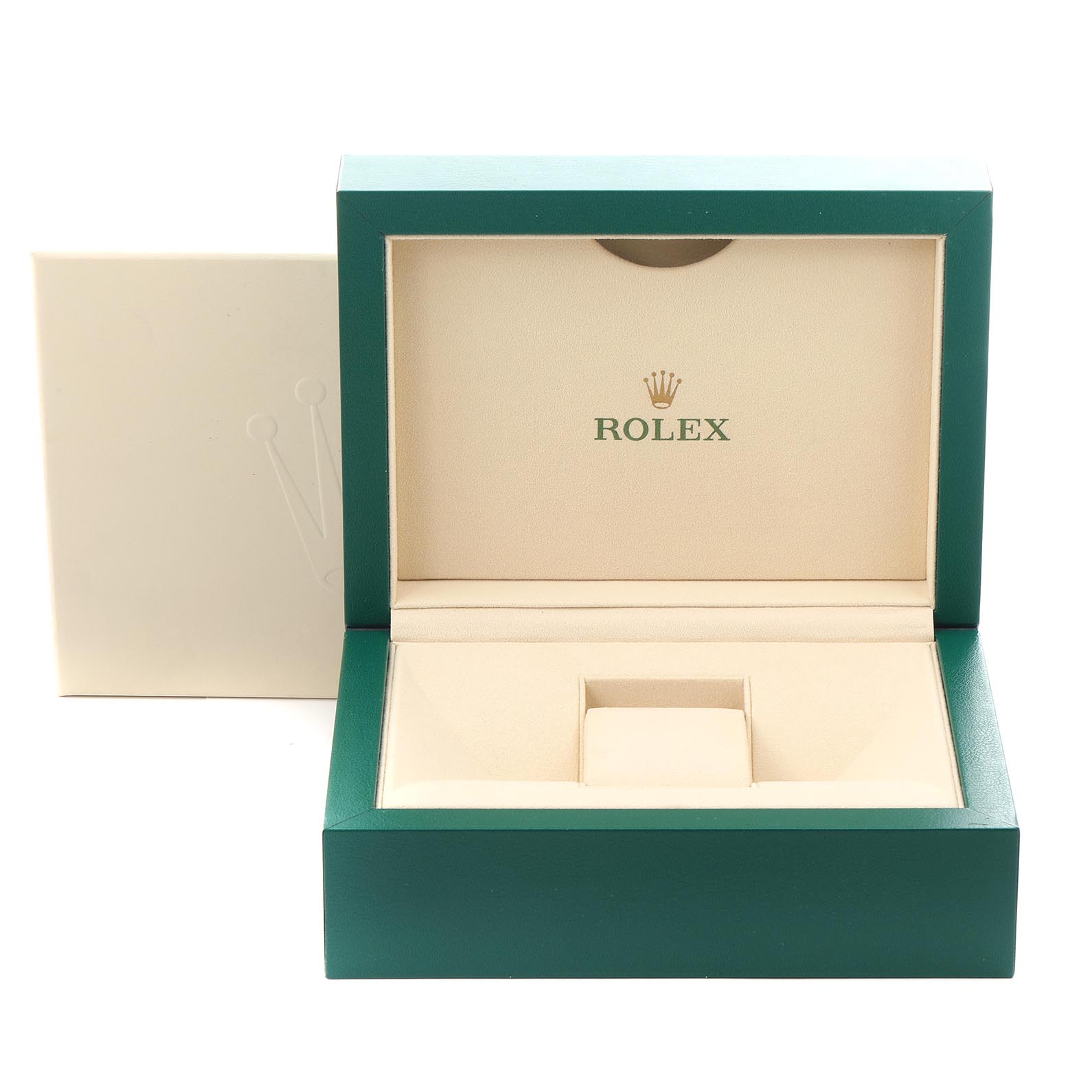 The image shows an open Rolex GMT-Master 126710BLRO Men's Stainless Steel Black Dial 126710BLRO Men's Stainless Steel Black Dial watch box with a green exterior and cream interior, displaying the Rolex logo.