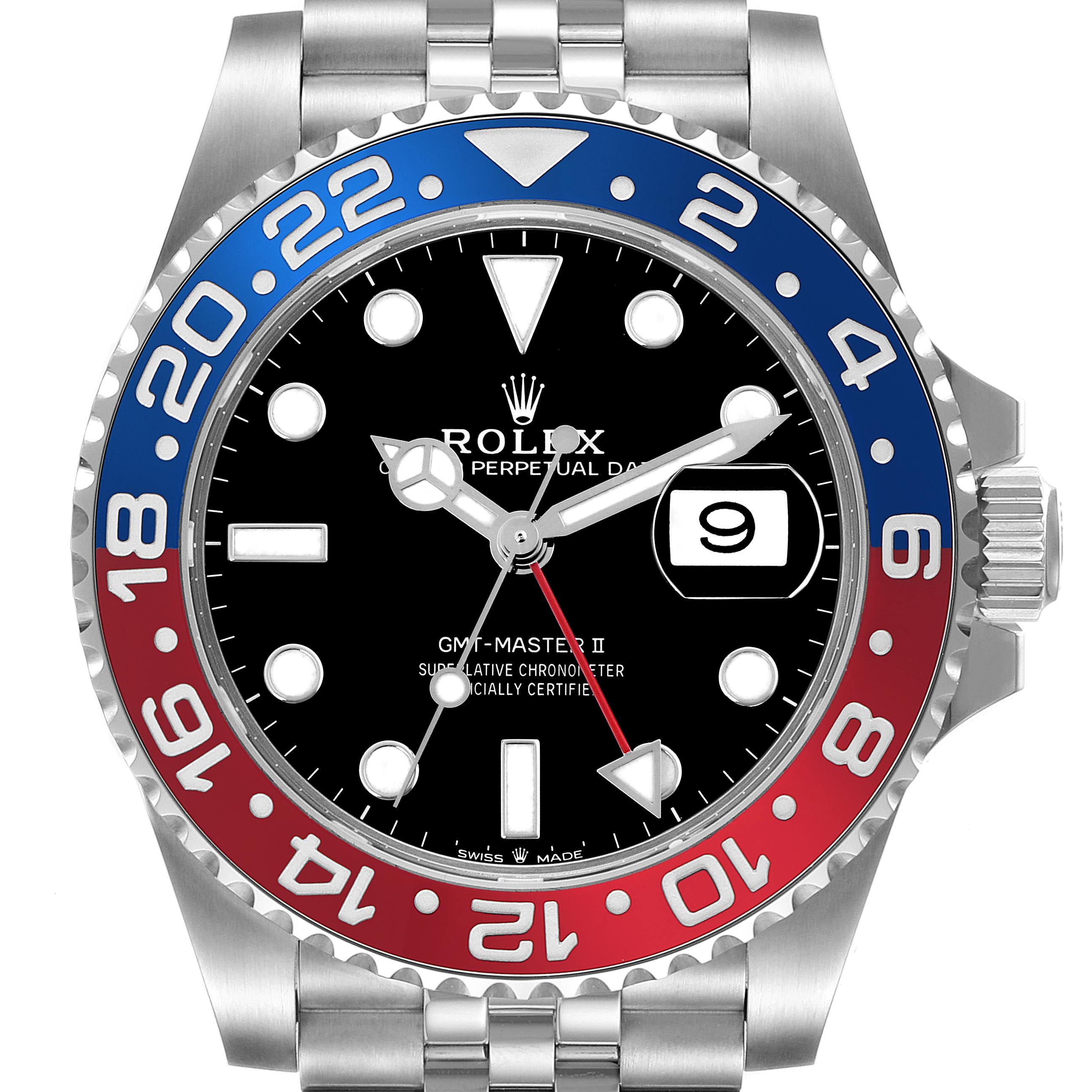 The Rolex GMT-Master 126710BLRO Men's Stainless Steel Black Dial 126710BLRO Men's Stainless Steel Black Dial II watch is shown from the front, displaying the bezel, dial, hands, and bracelet.