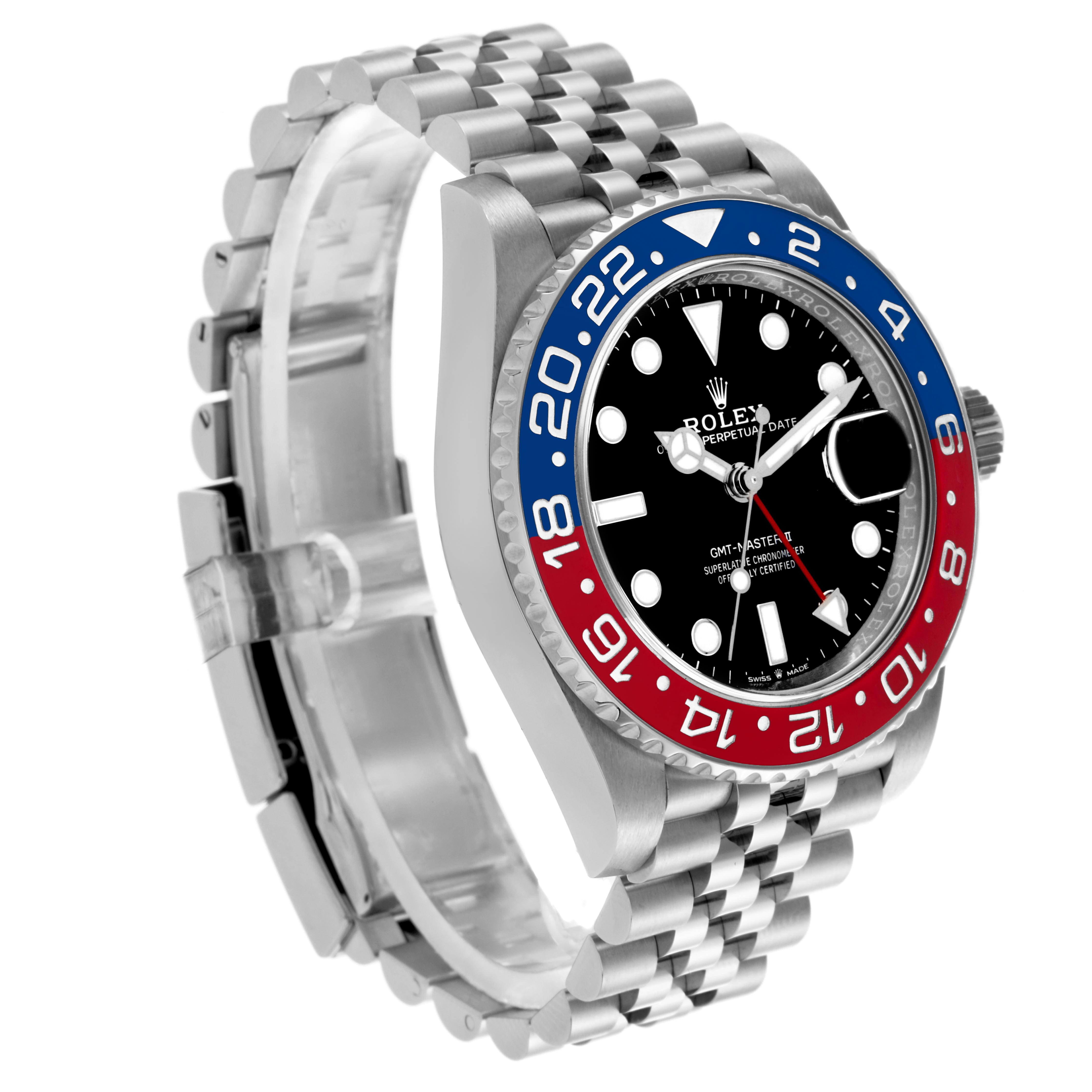 The Rolex GMT-Master 126710BLRO Men's Stainless Steel Black Dial 126710BLRO Men's Stainless Steel Black Dial watch is angled to show its face, bezel, and bracelet from the left side.