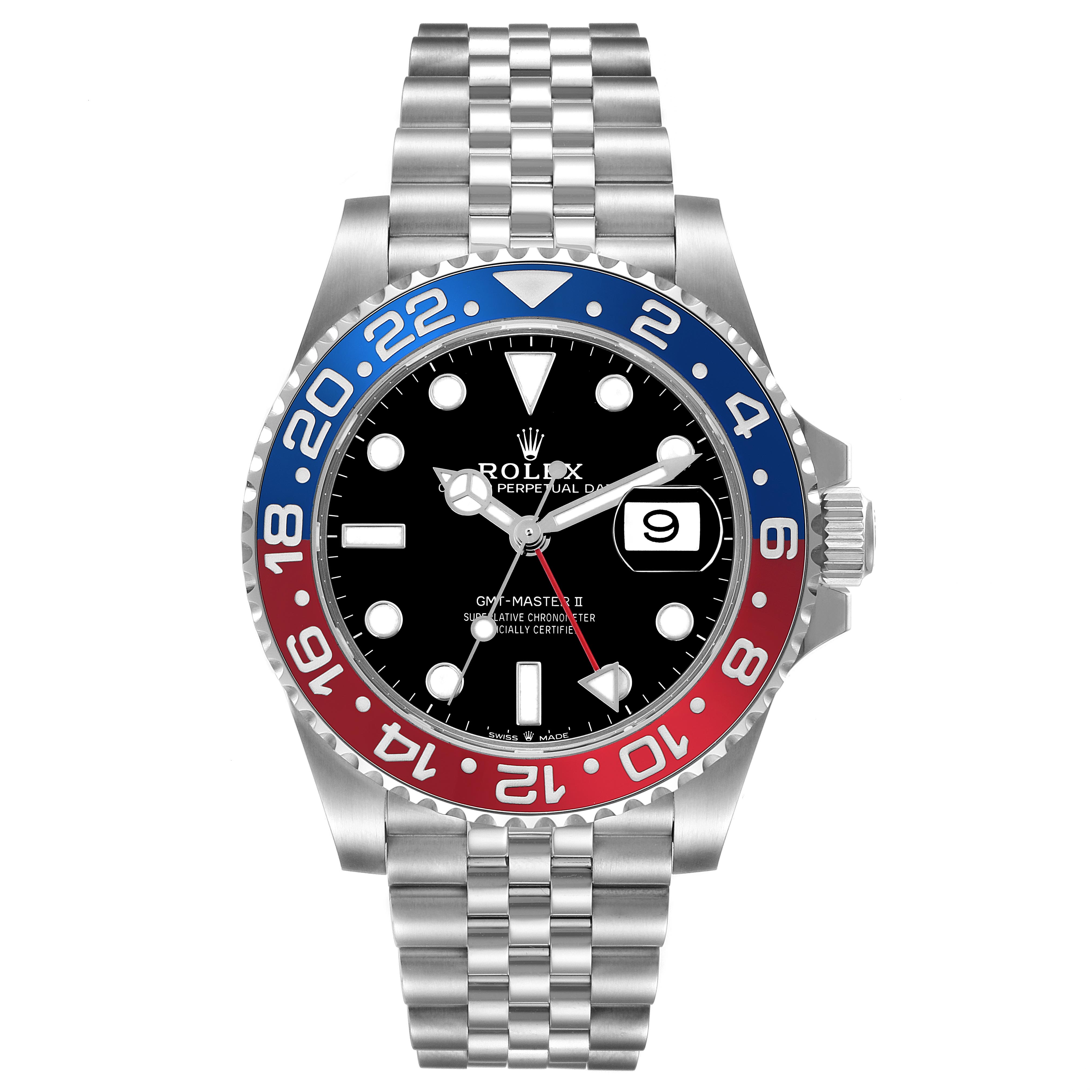 The Rolex GMT-Master 126710BLRO Men's Stainless Steel Black Dial 126710BLRO Men's Stainless Steel Black Dial model is shown from a front view, highlighting the bezel, dial, and bracelet.