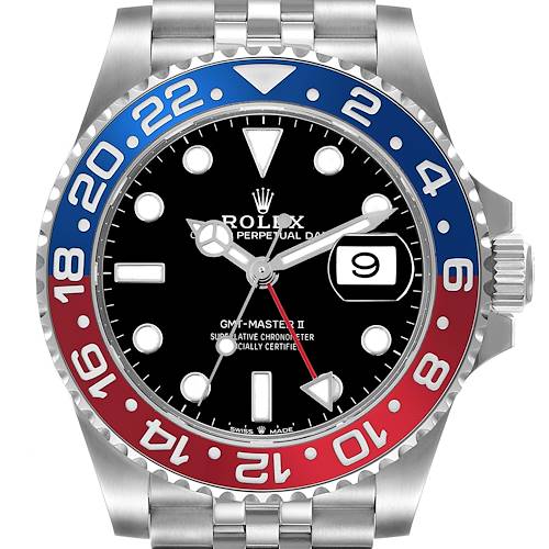 The Rolex GMT-Master watch is shown from a front angle, displaying its bezel, dial, hands, and bracelet.