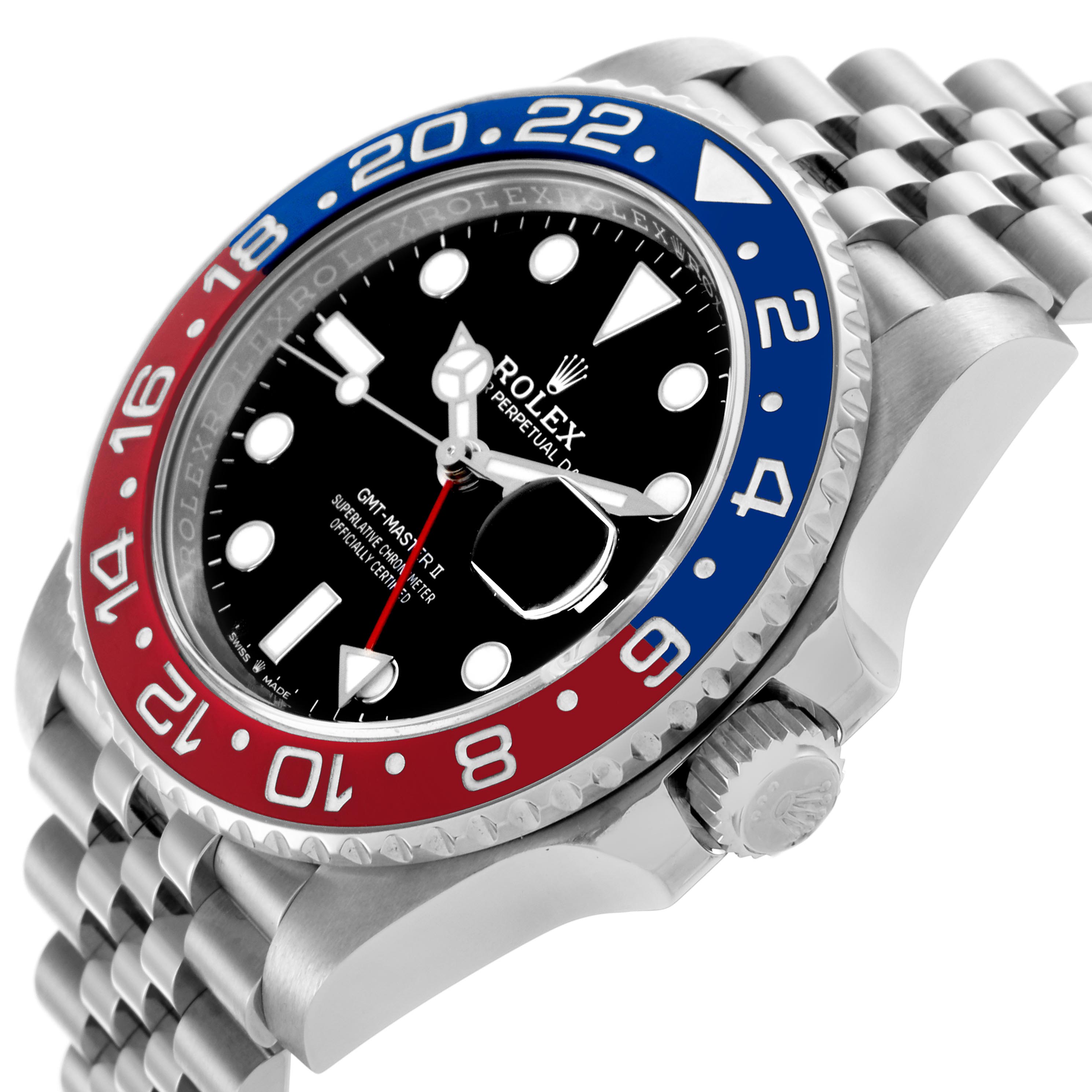 The image shows a Rolex GMT-Master 126710BLRO Men's Stainless Steel Black Dial 126710BLRO Men's Stainless Steel Black Dial watch at a side angle, highlighting the bezel, crown, and jubilee bracelet.