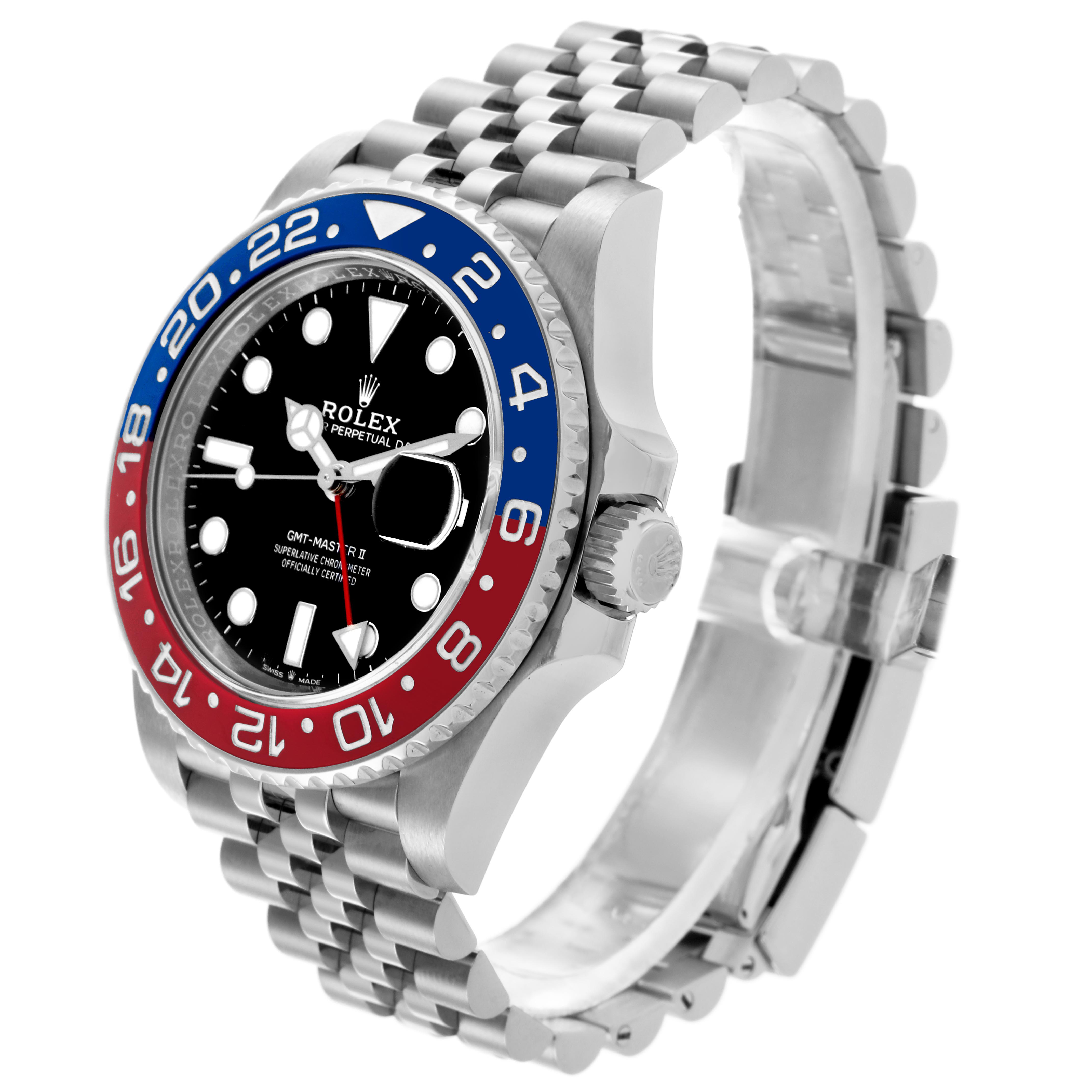 The Rolex GMT-Master 126710BLRO Men's Stainless Steel Black Dial 126710BLRO Men's Stainless Steel Black Dial watch is shown at a three-quarter angle, displaying the bezel, dial, and bracelet prominently.