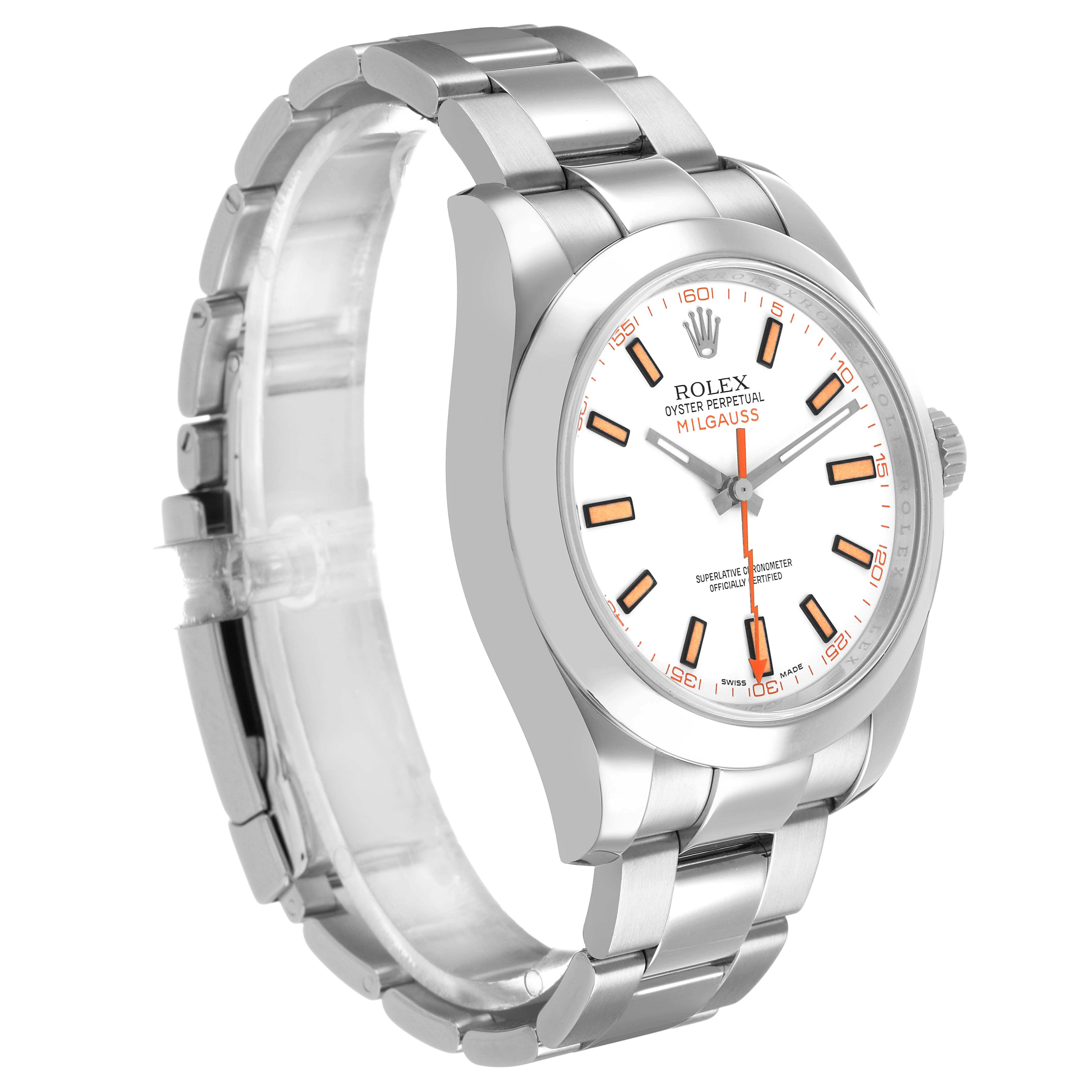 The Rolex Milgauss 116400 Men's Stainless Steel White Dial watch is shown at a three-quarter angle, highlighting the face, bezel, and bracelet.