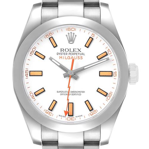 The Rolex Milgauss 116400 Men's Stainless Steel White Dial watch is shown from a top-down angle, displaying the dial, hour markers, hands, and part of the bracelet.