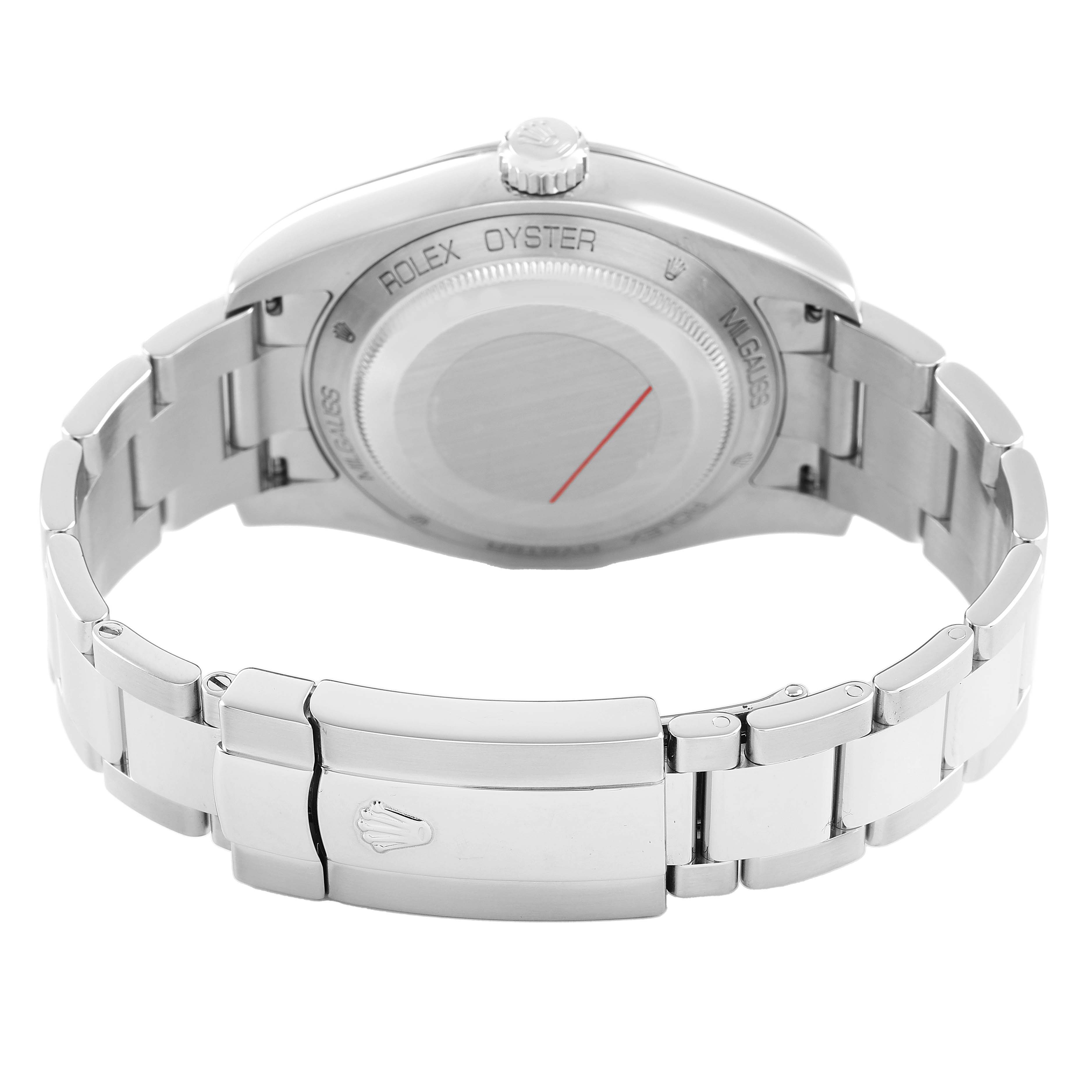 The image shows the back of a Rolex Milgauss 116400 Men's Stainless Steel White Dial watch, highlighting the bracelet and clasp.