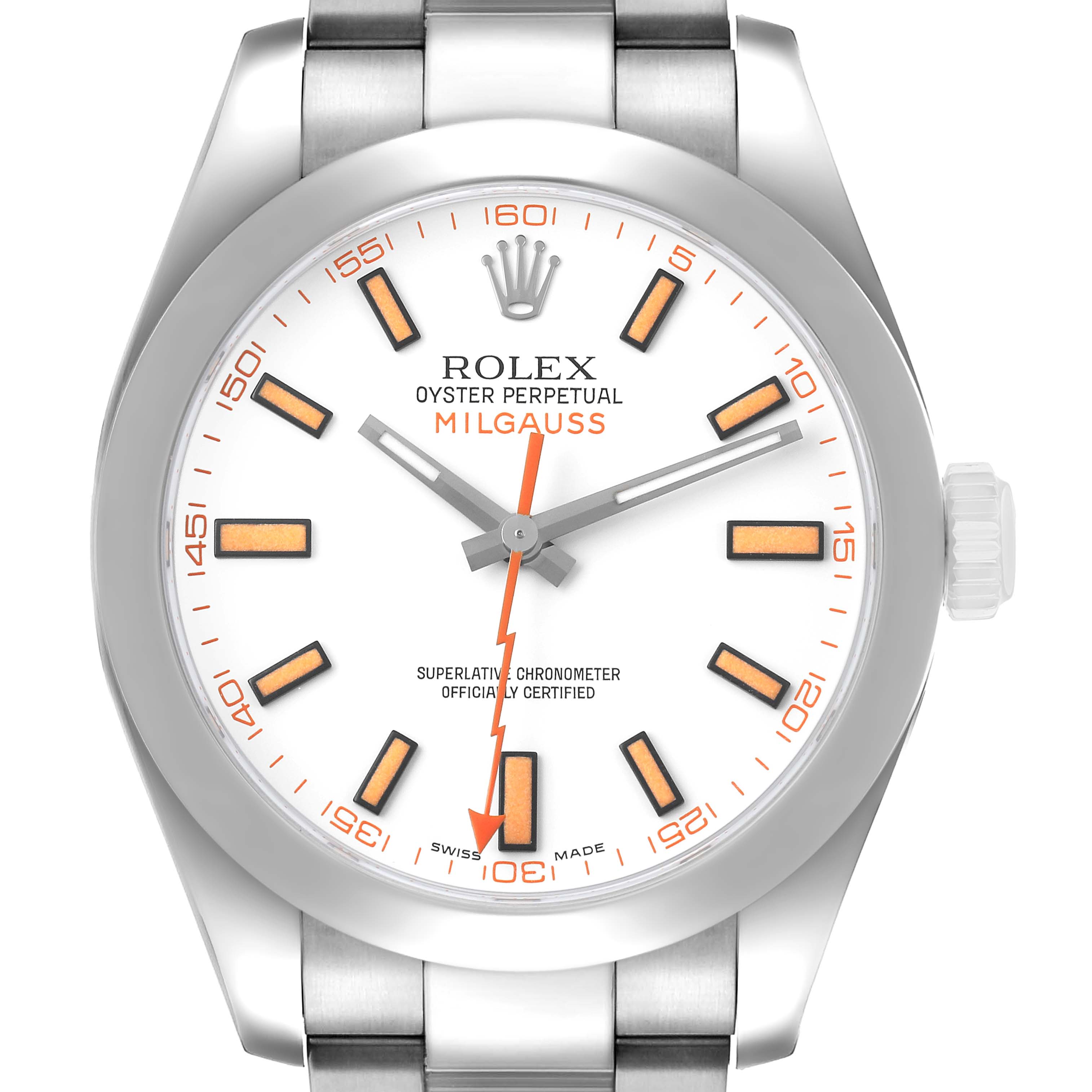 The Rolex Milgauss 116400 Men's Stainless Steel White Dial watch is shown from a frontal angle, highlighting its dial, indices, hands, and crown.