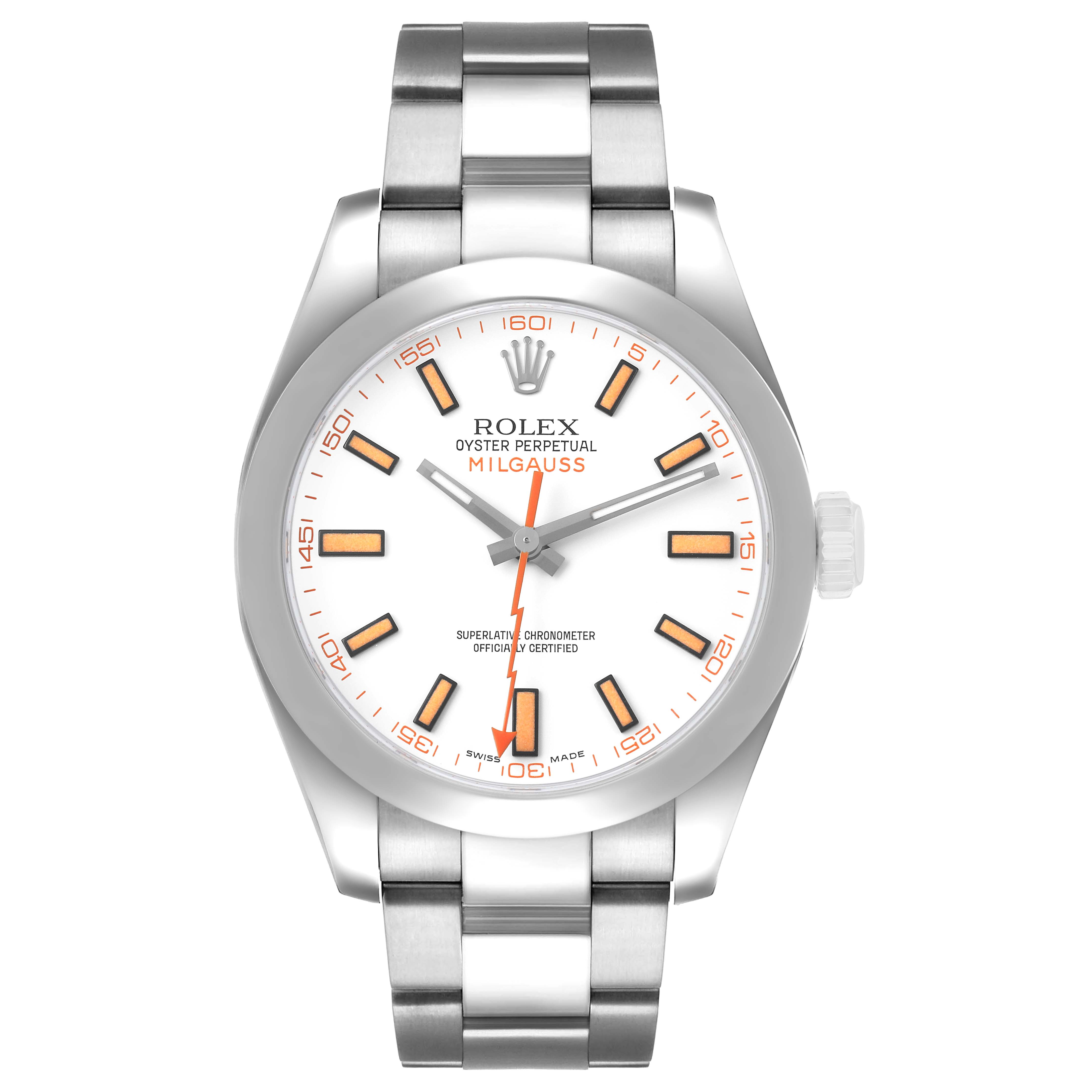 The Rolex Milgauss 116400 Men's Stainless Steel White Dial watch is shown from the front, displaying its face, markers, hands, and part of the bracelet.