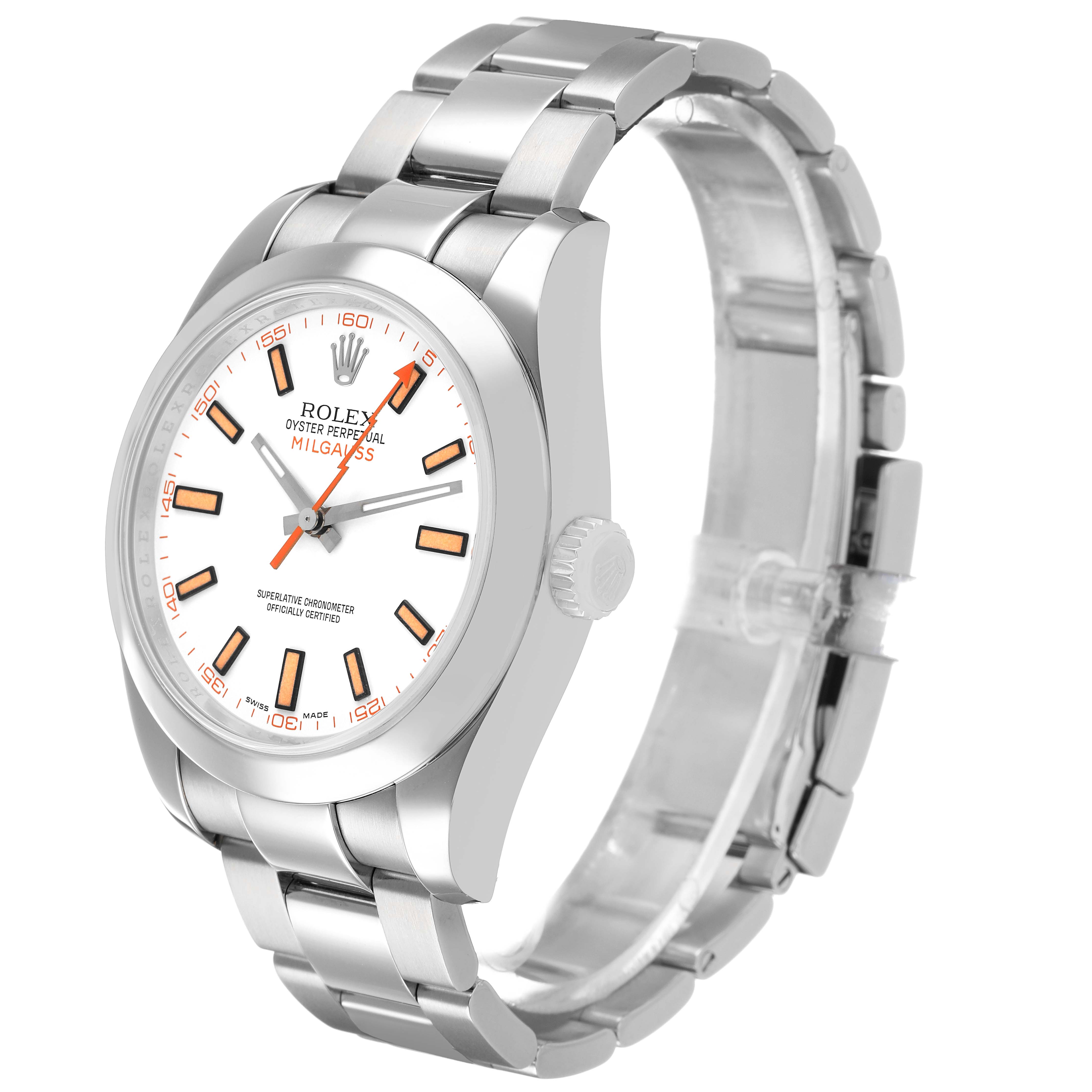 The Rolex Milgauss 116400 Men's Stainless Steel White Dial watch is shown at an angle highlighting the face, bezel, bracelet, and crown.