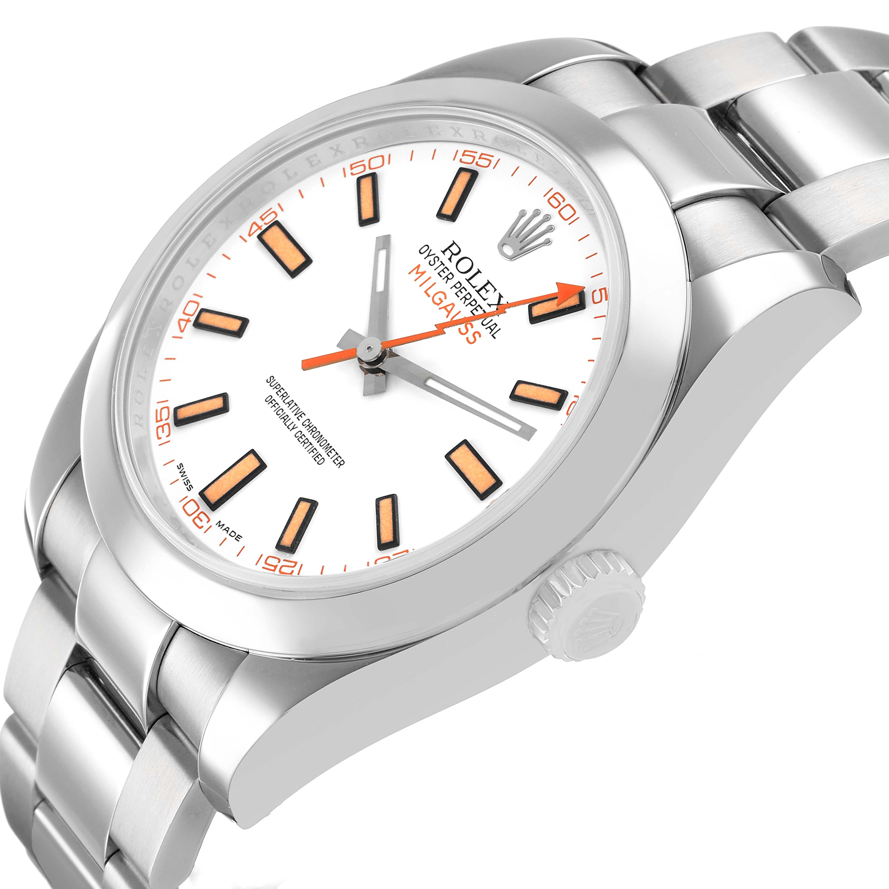 The Rolex Milgauss 116400 Men's Stainless Steel White Dial watch is shown at a slight angle, highlighting the face, bezel, case, and bracelet.