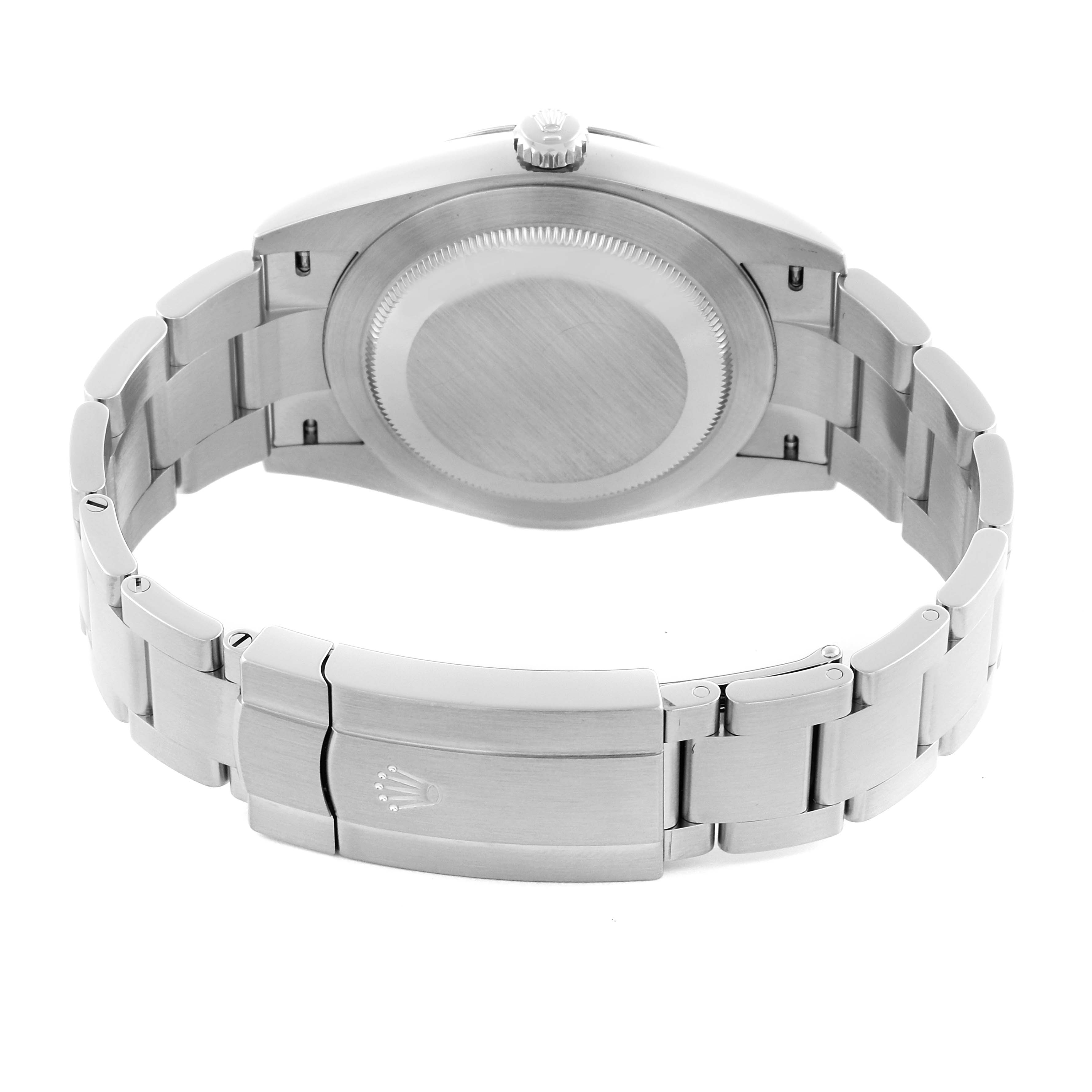 The image shows the back of the Rolex Oyster Perpetual 124300 Men's Stainless Steel Green Dial 124300 Men's Stainless Steel Green Dial watch, focusing on the case back and bracelet with clasp.