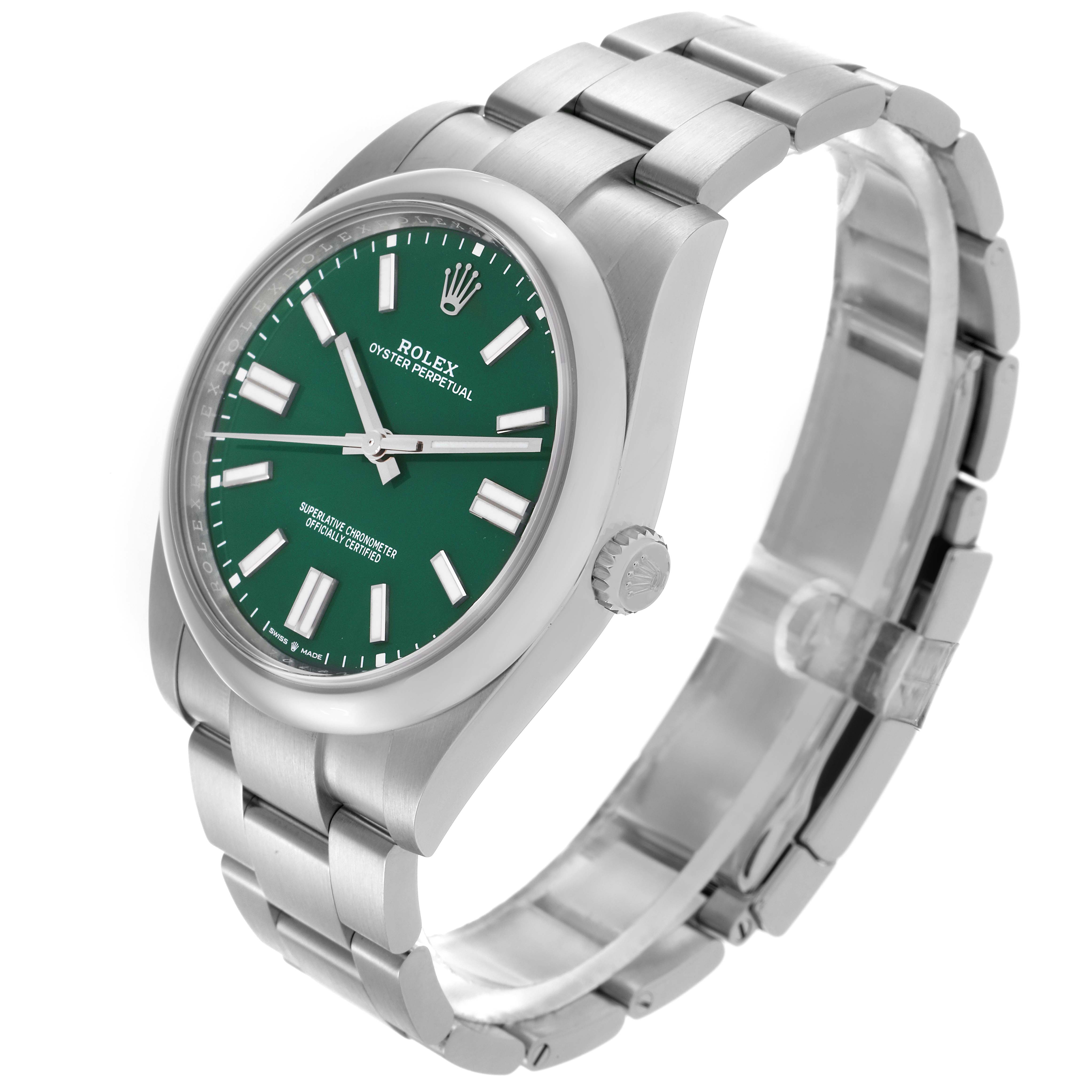 The Rolex Oyster Perpetual 124300 Men's Stainless Steel Green Dial 124300 Men's Stainless Steel Green Dial watch is shown at a three-quarter angle, displaying the green dial, crown, and bracelet links.