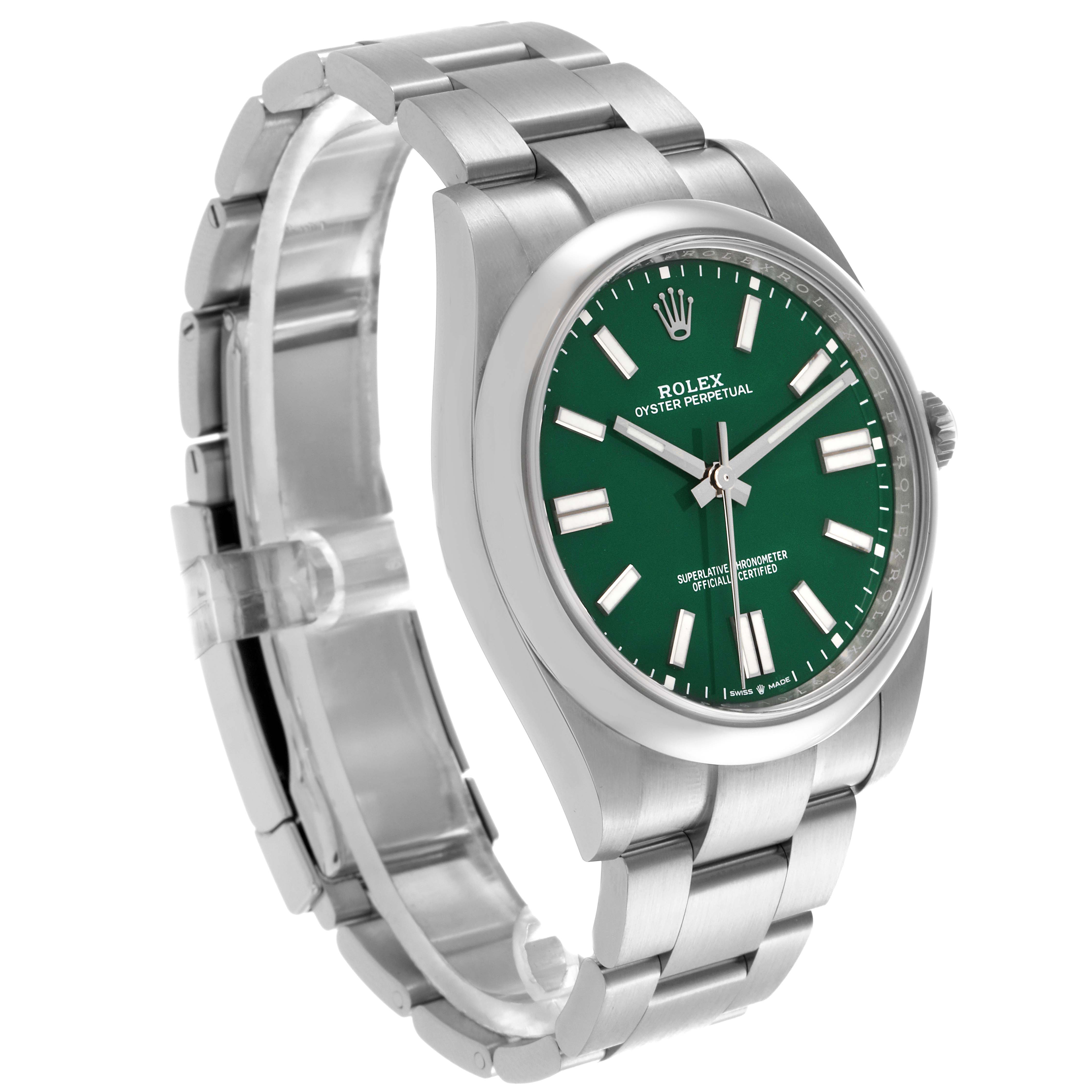The Rolex Oyster Perpetual 124300 Men's Stainless Steel Green Dial 124300 Men's Stainless Steel Green Dial watch is shown at a three-quarter angle, highlighting the green dial, bracelet, and bezel.