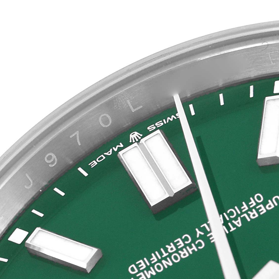 The image shows a close-up of the Rolex Oyster Perpetual 124300 Men's Stainless Steel Green Dial 124300 Men's Stainless Steel Green Dial watch face, highlighting the green dial, markers, and part of the bezel.