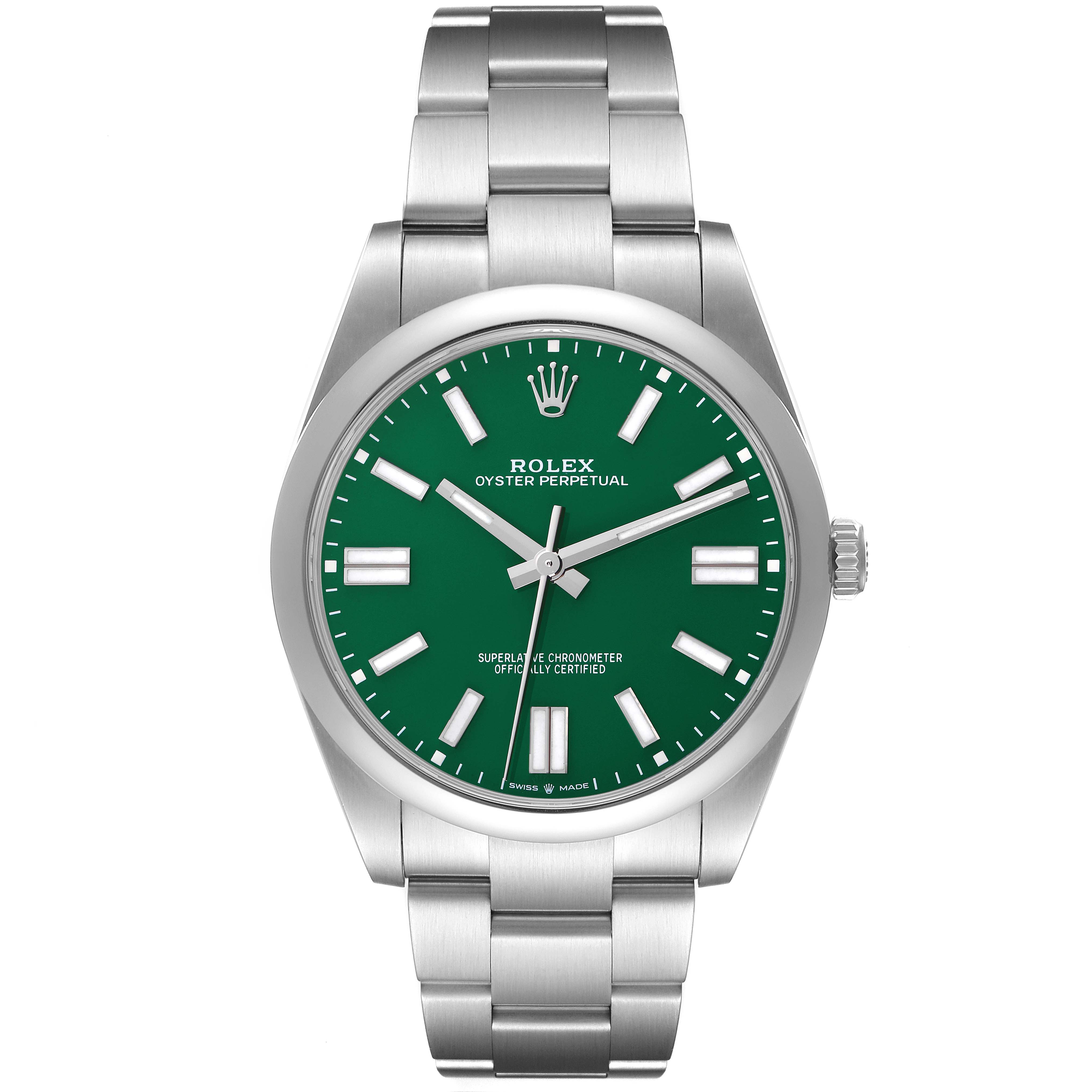 The Rolex Oyster Perpetual 124300 Men's Stainless Steel Green Dial 124300 Men's Stainless Steel Green Dial watch is shown from a top-down angle, displaying its green dial and silver bracelet.