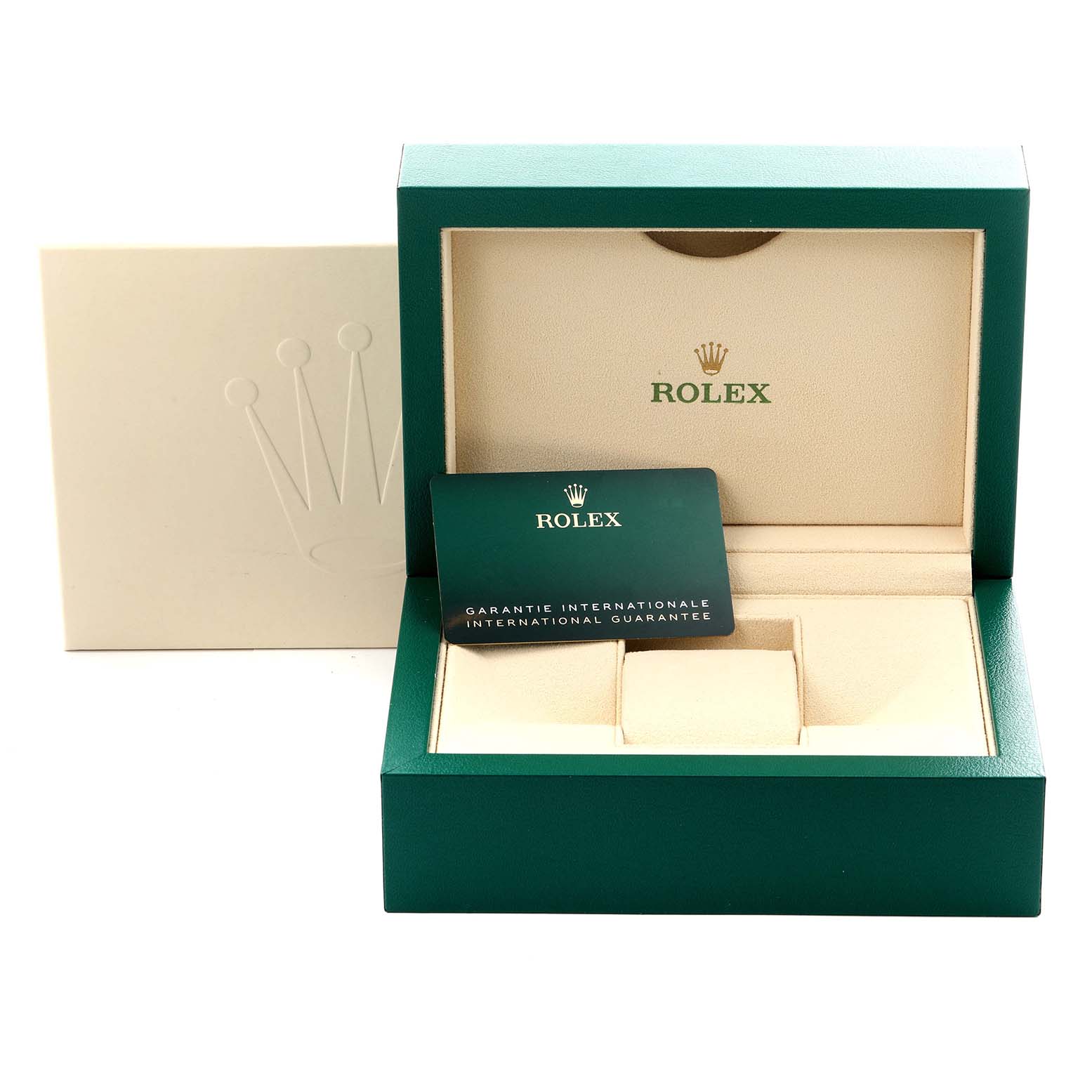 The image shows an open Rolex Oyster Perpetual 124300 Men's Stainless Steel Green Dial 124300 Men's Stainless Steel Green Dial watch box with a guarantee card in front.