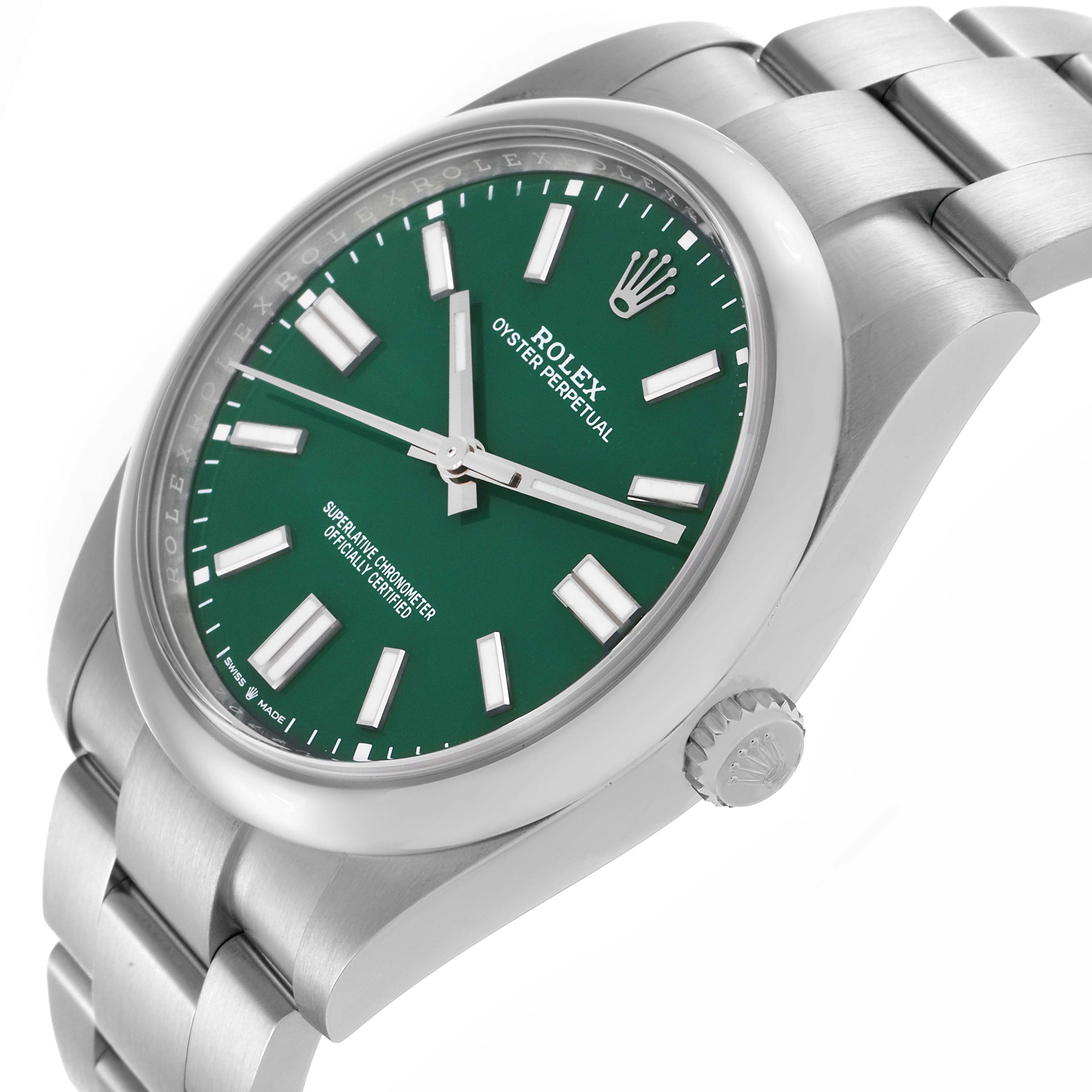 The Rolex Oyster Perpetual 124300 Men's Stainless Steel Green Dial 124300 Men's Stainless Steel Green Dial watch is shown at a slight angle, highlighting the green dial, bezel, crown, and bracelet links.