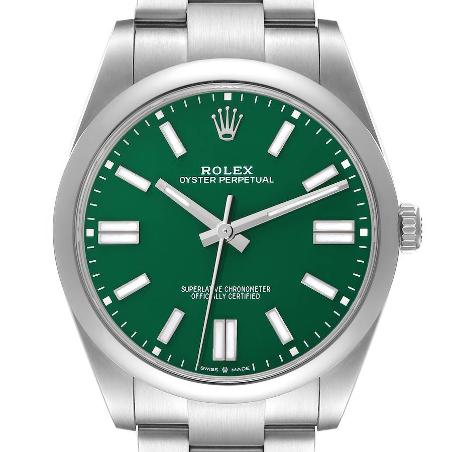 The Rolex Oyster Perpetual watch is shown from a direct front angle, highlighting its green dial and stainless steel bracelet.