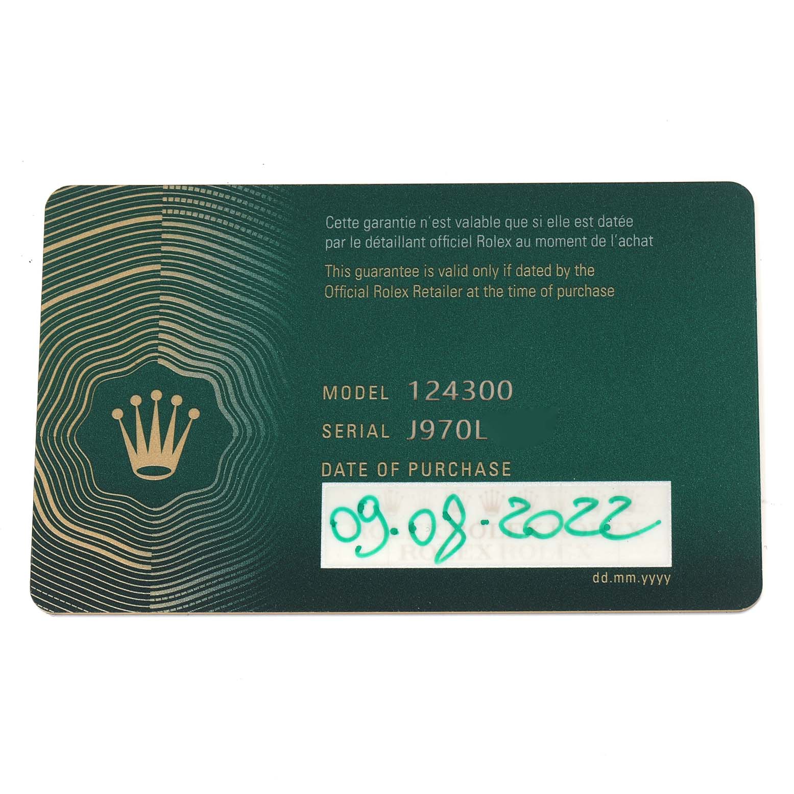The image shows a warranty card for the Rolex Oyster Perpetual 124300 Men's Stainless Steel Green Dial 124300 Men's Stainless Steel Green Dial Model 124300, including the serial number and purchase date.