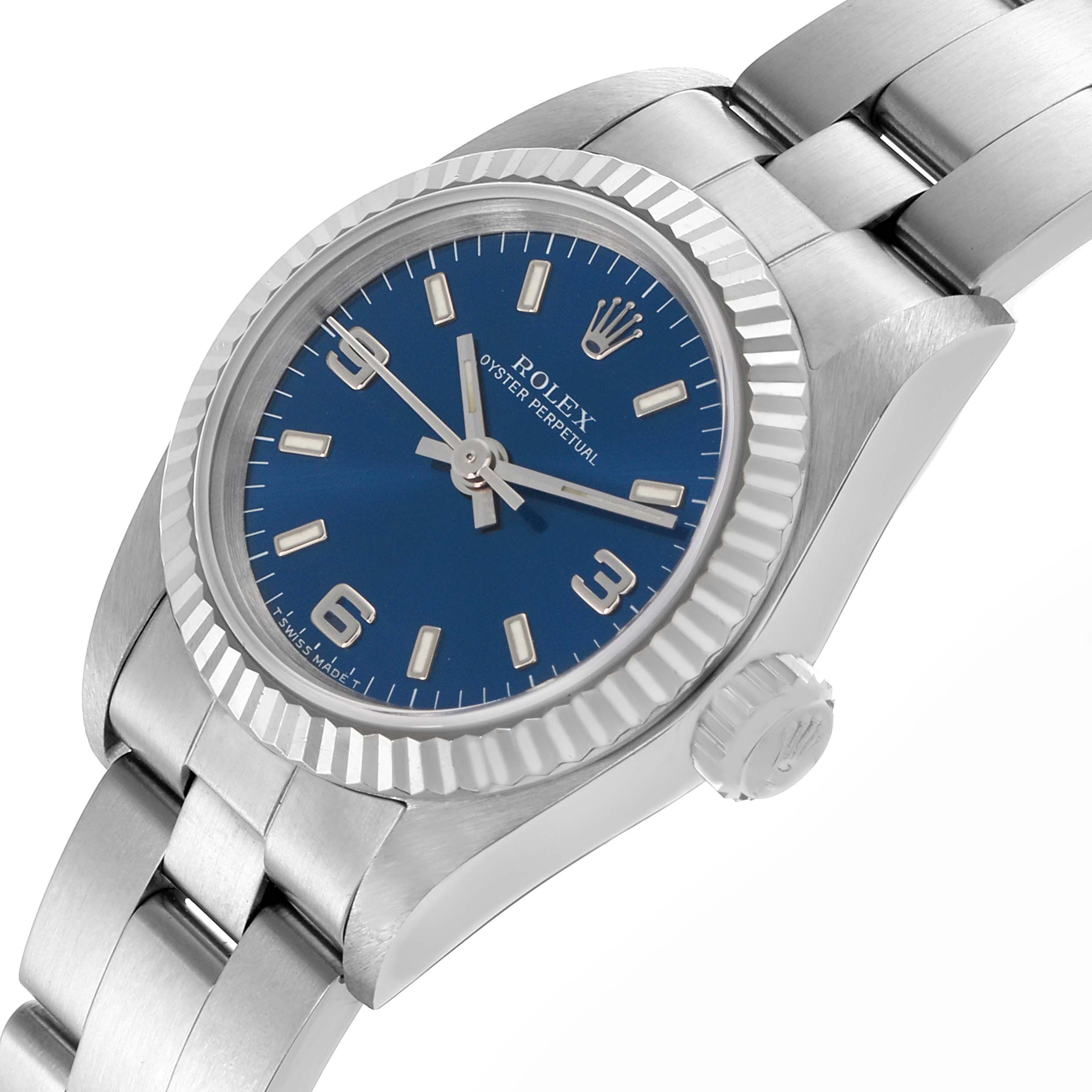 The Rolex Oyster Perpetual 67194 Women's Stainless Steel Blue Dial 67194 Women's Stainless Steel Blue Dial watch is shown at a three-quarter angle, highlighting the blue dial, bezel, crown, and part of the bracelet.
