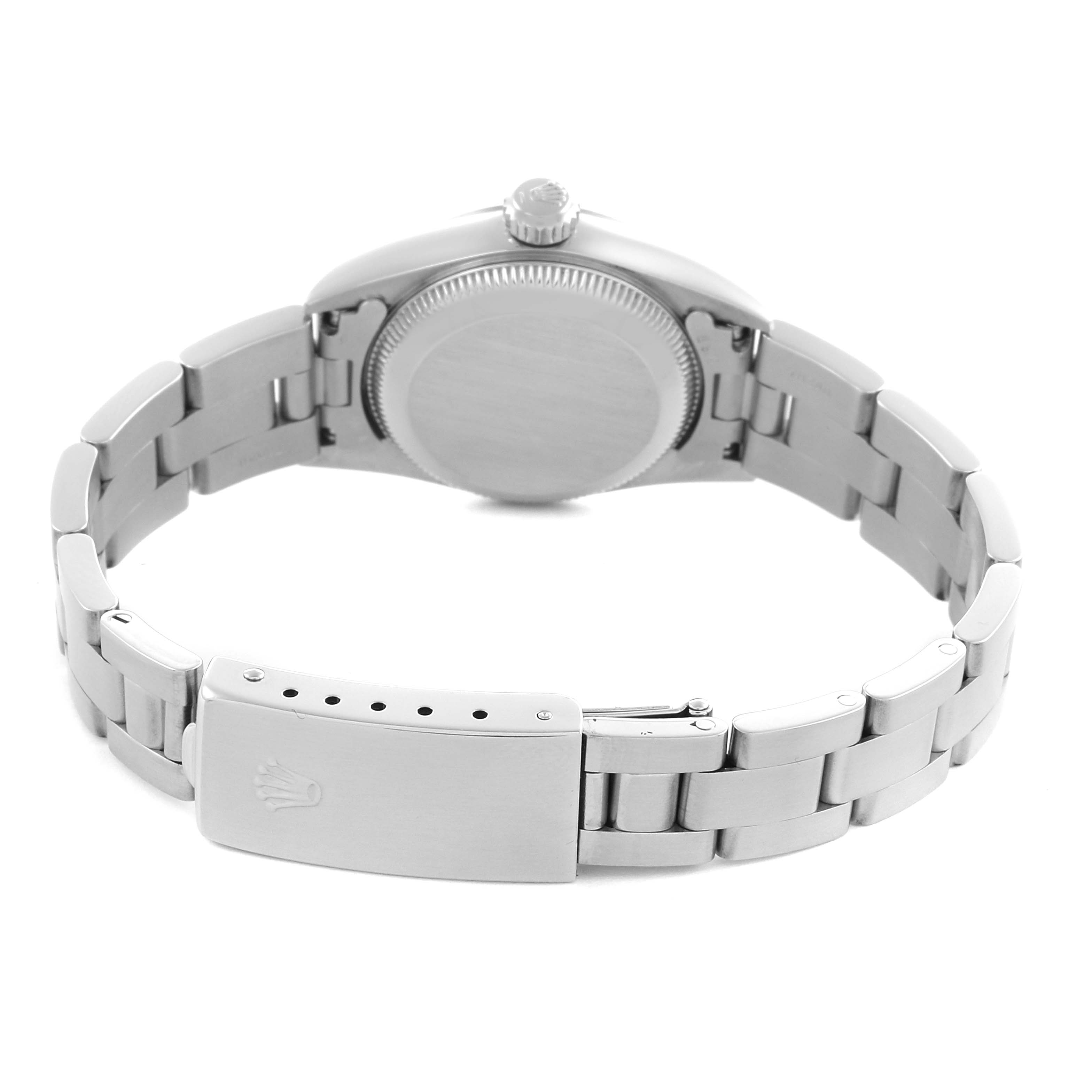 The image shows the back view of a Rolex Oyster Perpetual 67194 Women's Stainless Steel Blue Dial 67194 Women's Stainless Steel Blue Dial watch, displaying the case back, bracelet, and clasp.