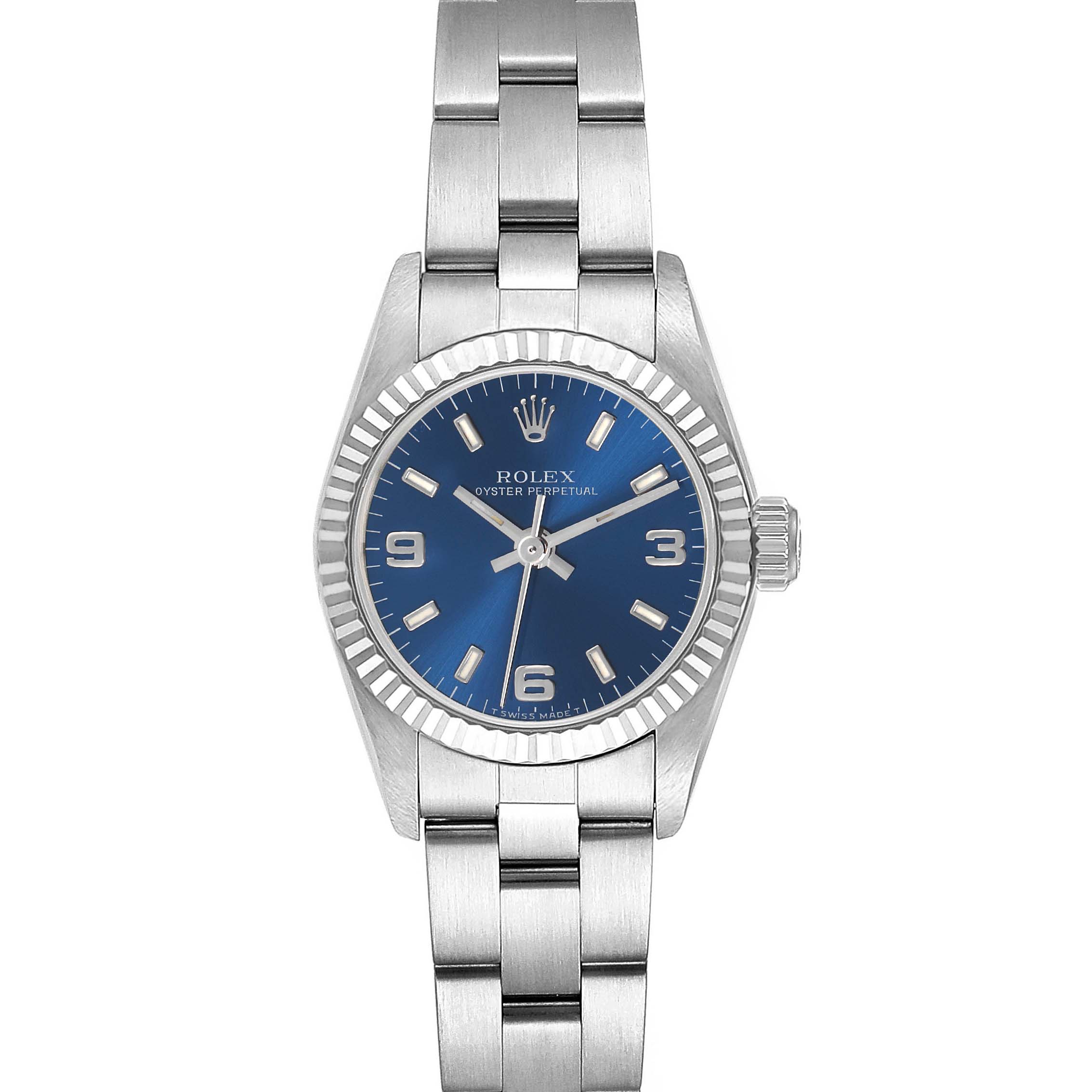 The Rolex Oyster Perpetual 67194 Women's Stainless Steel Blue Dial 67194 Women's Stainless Steel Blue Dial watch is shown from a top-down angle, highlighting the dial, bezel, and bracelet.
