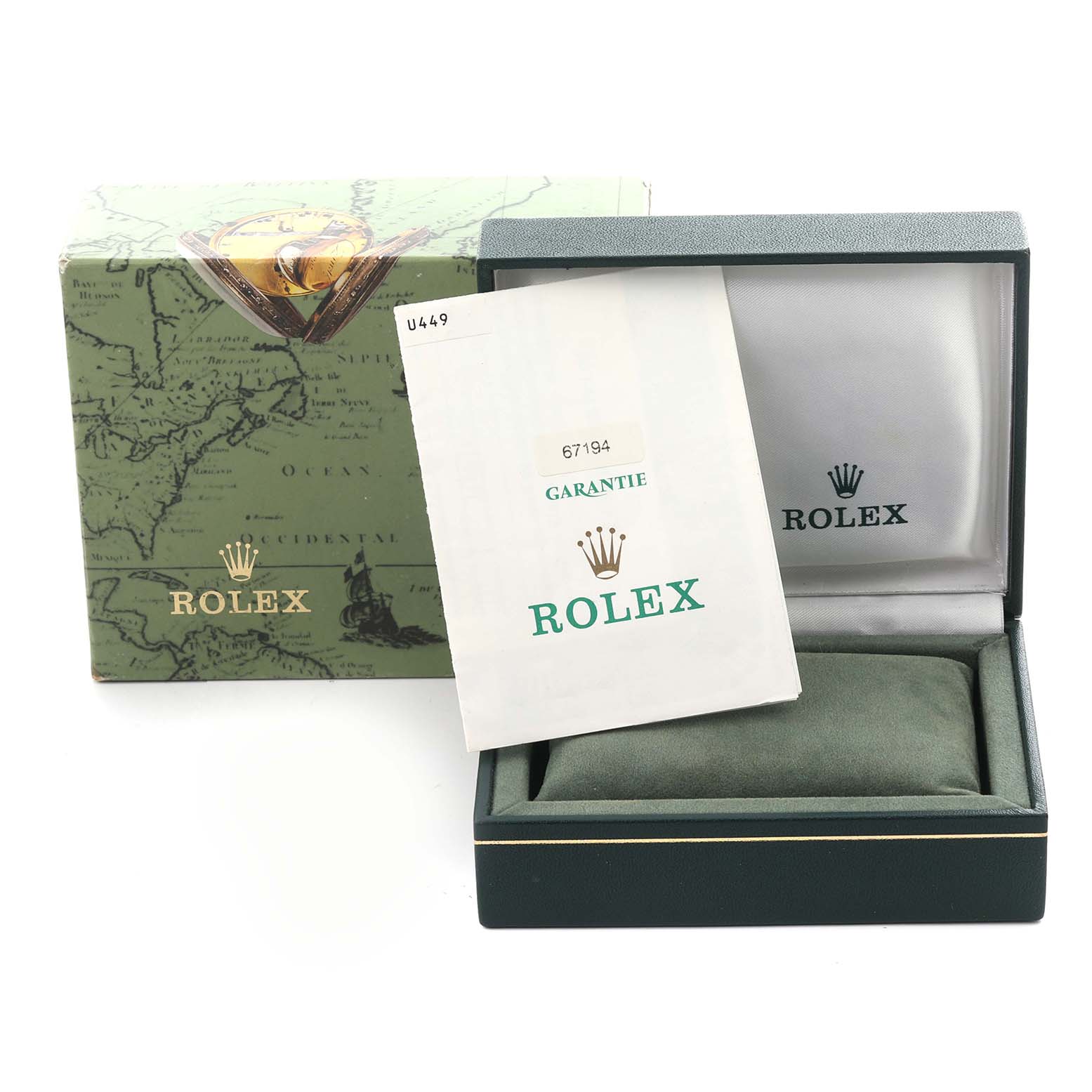 The image shows a Rolex Oyster Perpetual 67194 Women's Stainless Steel Blue Dial 67194 Women's Stainless Steel Blue Dial box with accompanying guarantee card and packaging, viewed from the front.