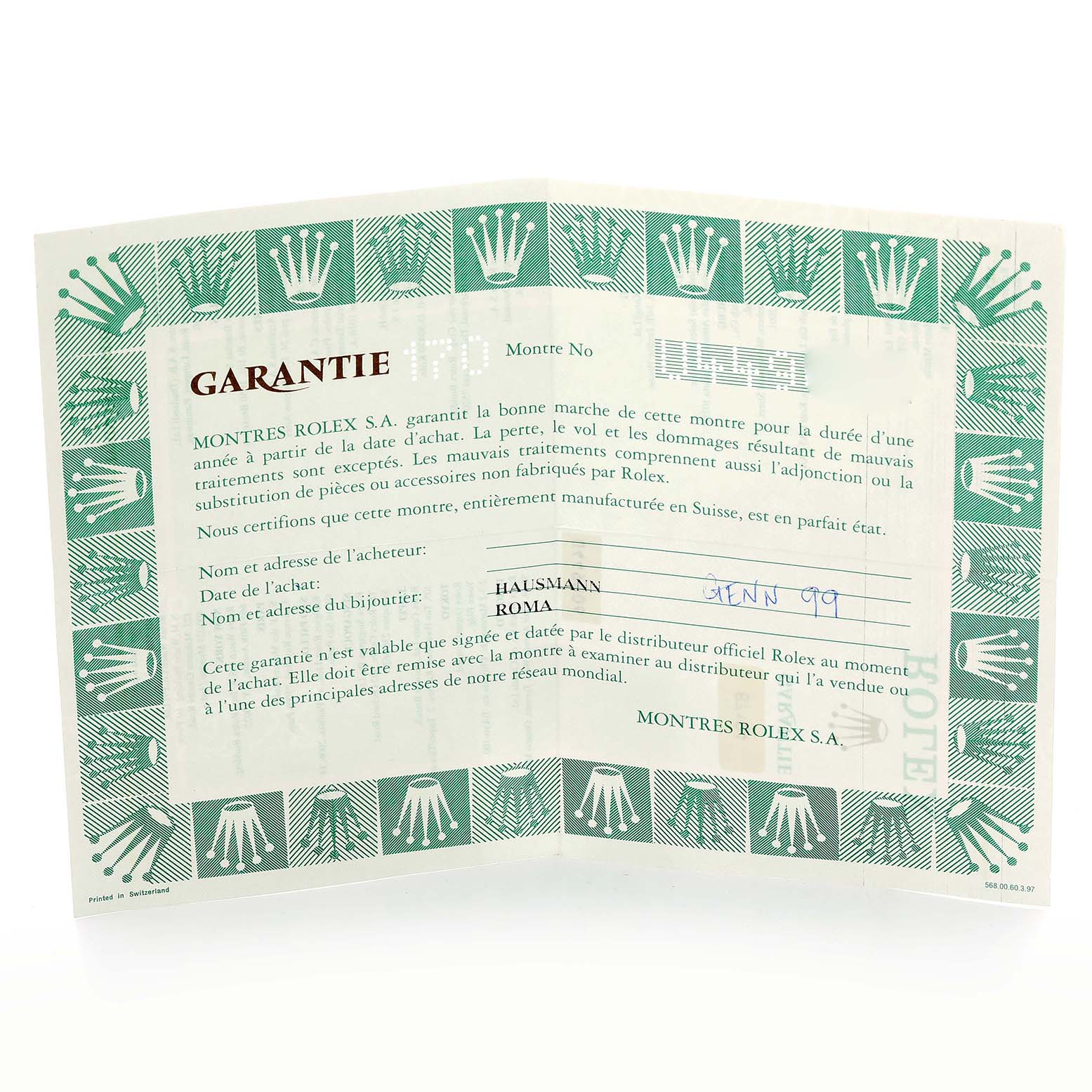 The image shows a warranty booklet for a Rolex Oyster Perpetual 67194 Women's Stainless Steel Blue Dial 67194 Women's Stainless Steel Blue Dial watch, displayed open from a straight-on angle.