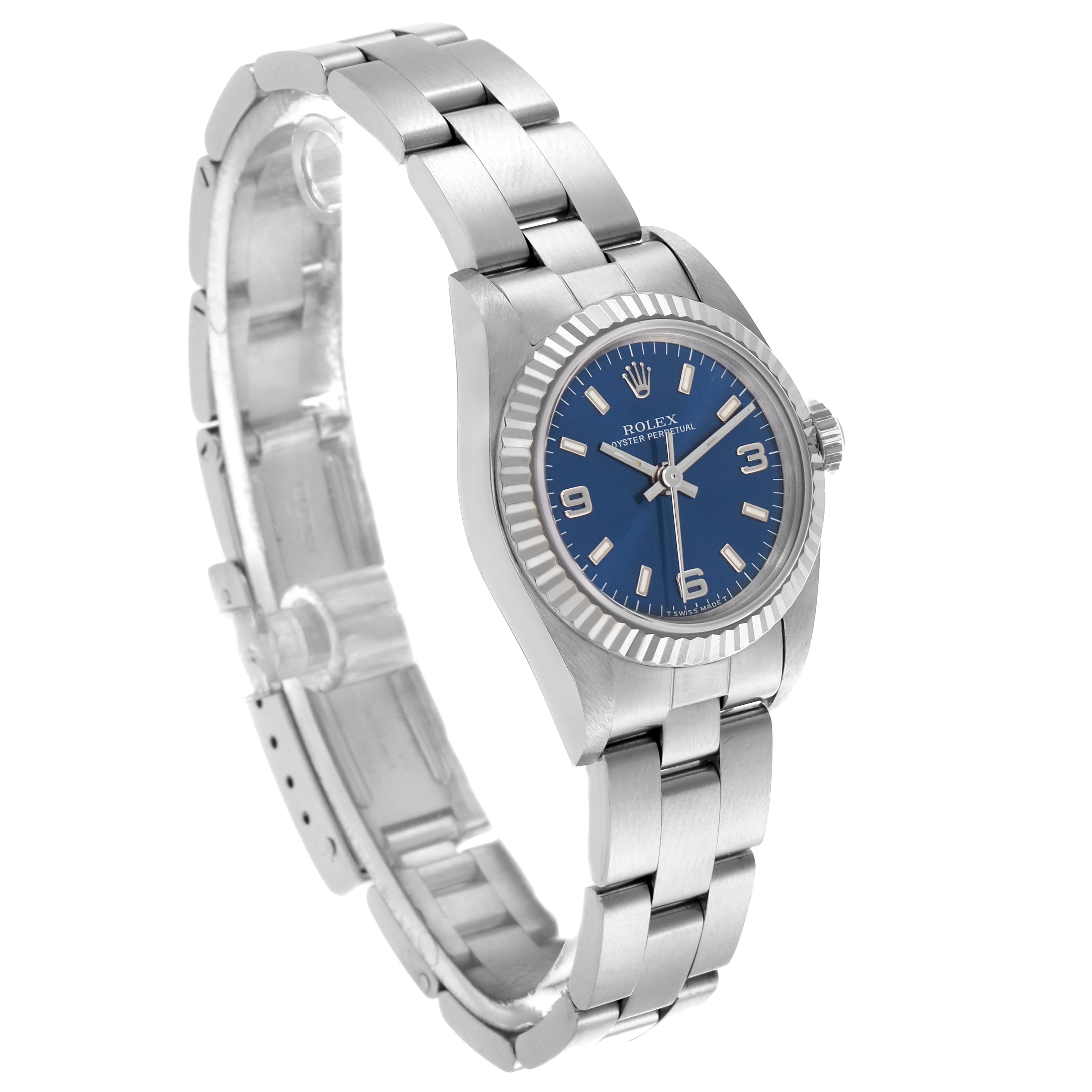 The Rolex Oyster Perpetual 67194 Women's Stainless Steel Blue Dial 67194 Women's Stainless Steel Blue Dial watch is shown at a three-quarter angle, highlighting the blue dial, bezel, and bracelet.