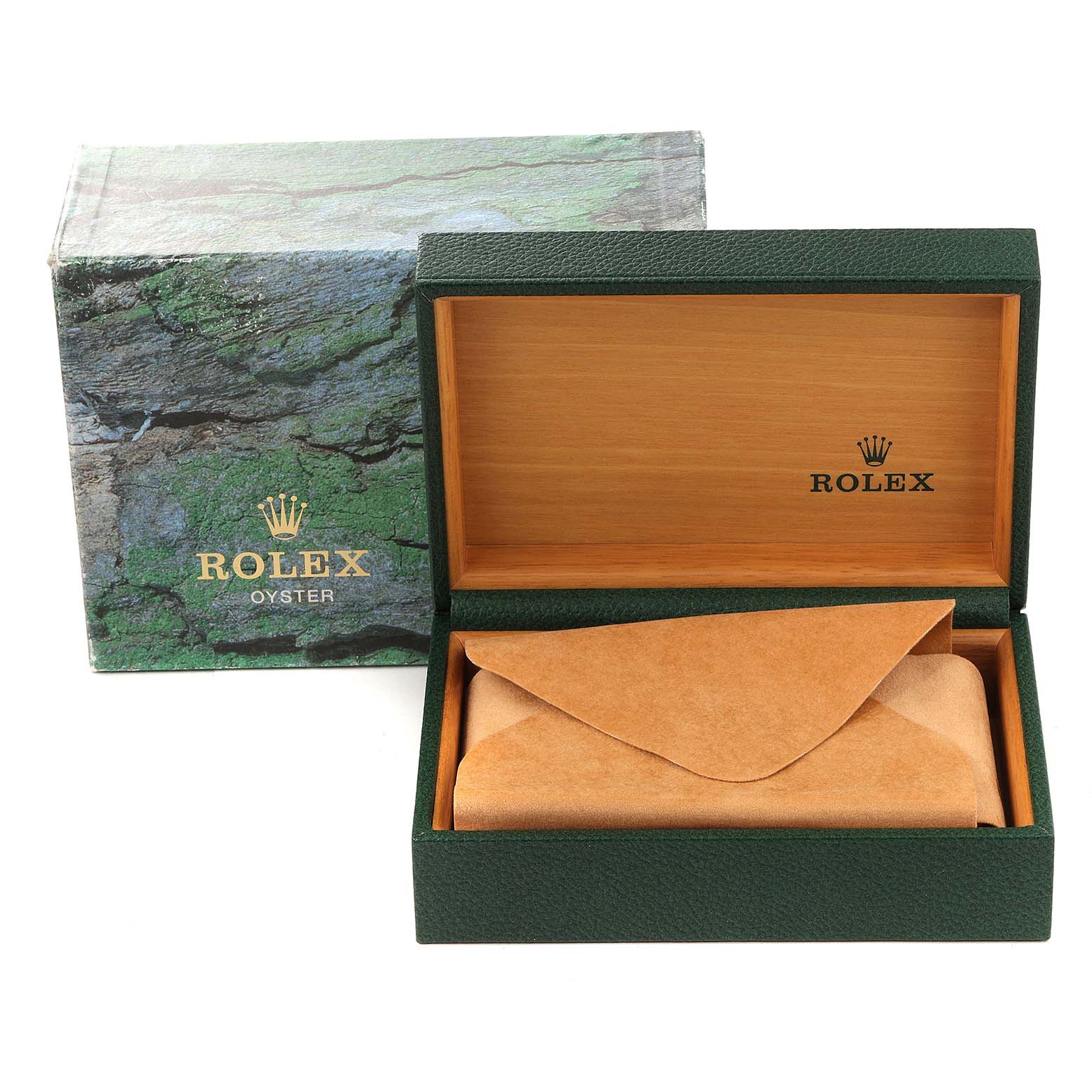 The image shows a Rolex Oyster Perpetual 14203M Men's Steel and Gold (two tone) Grey Dial 14203M Men's Steel and Gold (two tone) Grey Dial watch box with both the outer packaging and the inner wooden box.