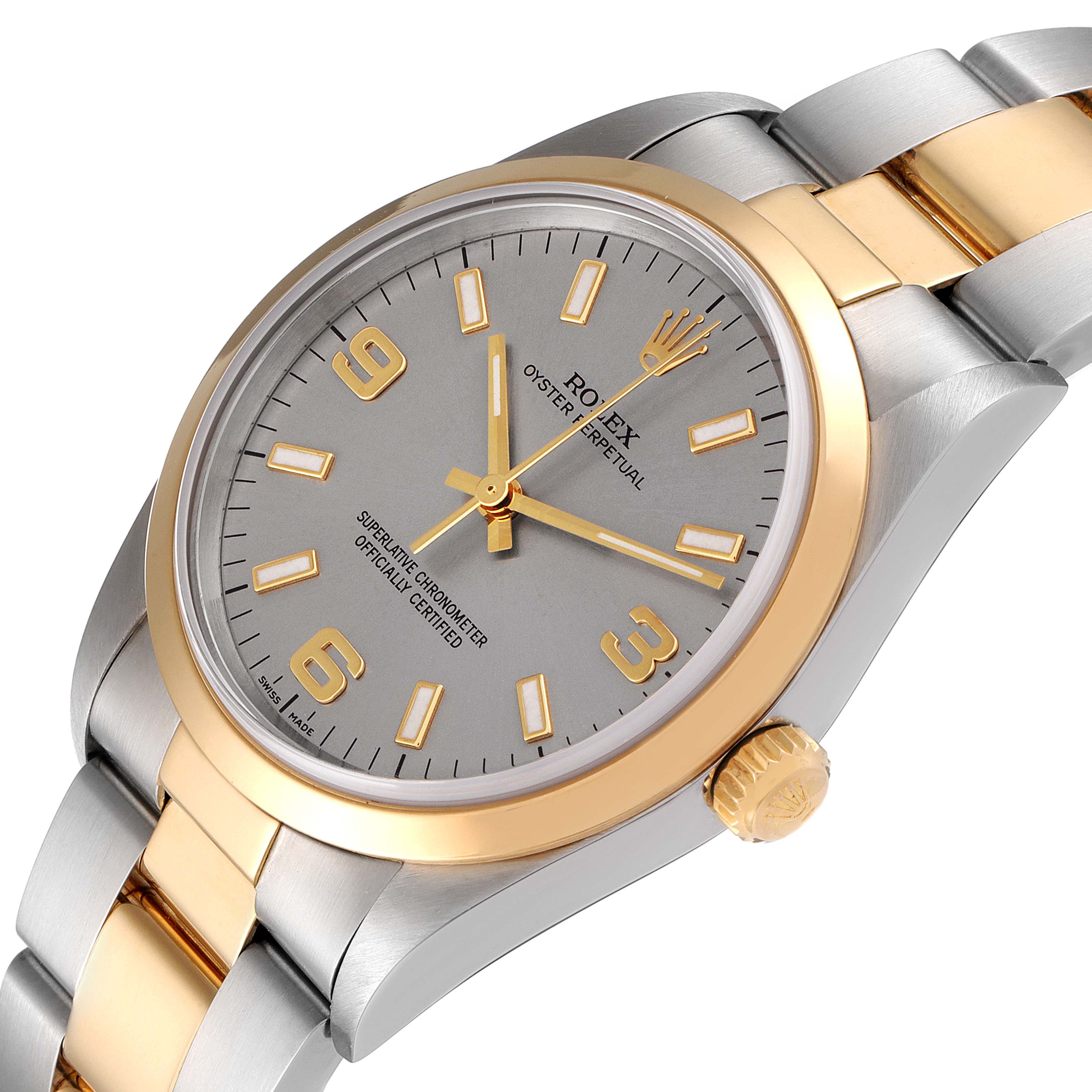 This image shows a close-up of the Rolex Oyster Perpetual 14203M Men's Steel and Gold (two tone) Grey Dial 14203M Men's Steel and Gold (two tone) Grey Dial watch face, bezel, part of the bracelet, and crown at an angle.