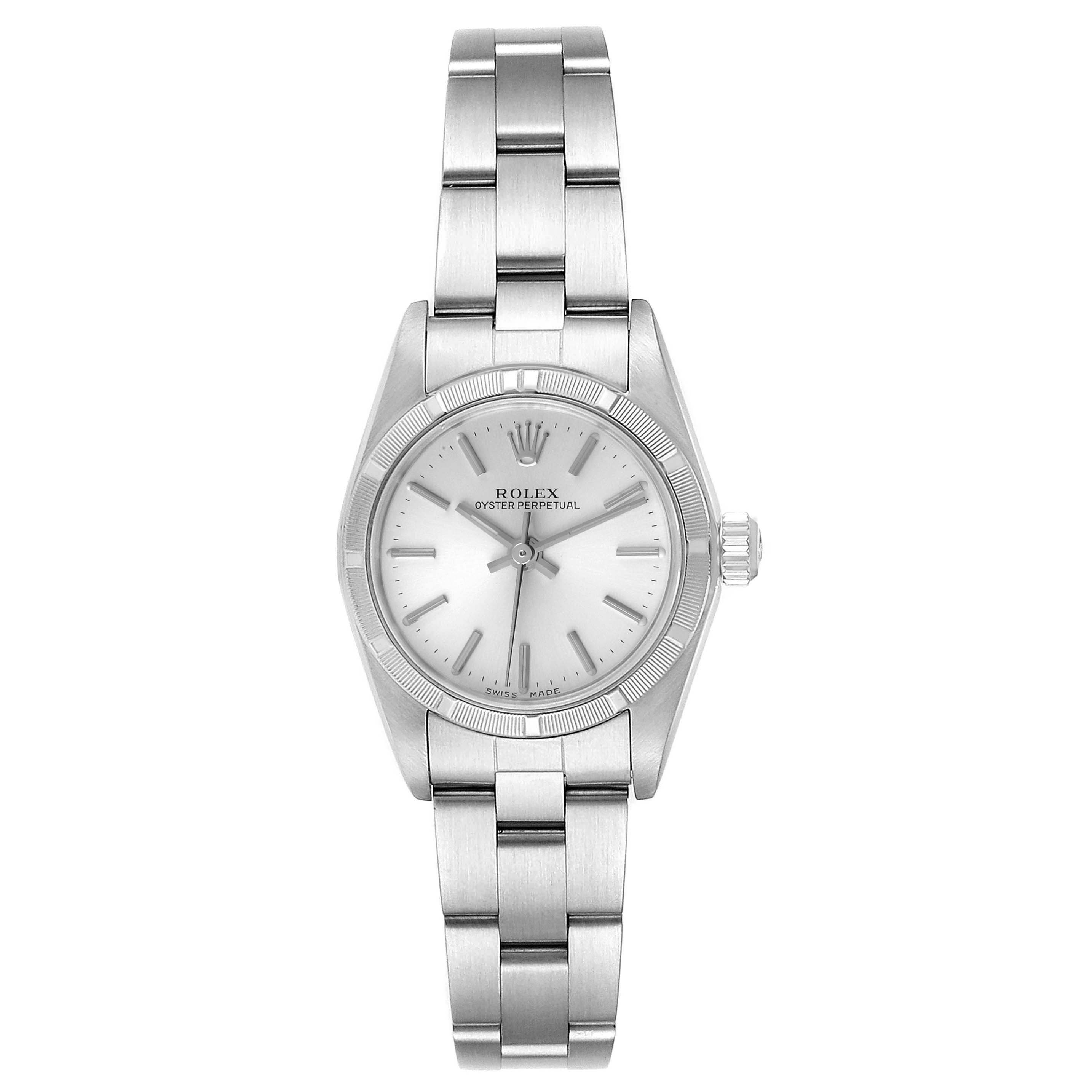 The image shows a front view of a Rolex Oyster Perpetual 76030 Women's Stainless Steel Silver Dial 76030 Women's Stainless Steel Silver Dial watch, displaying the face, bezel, and bracelet.
