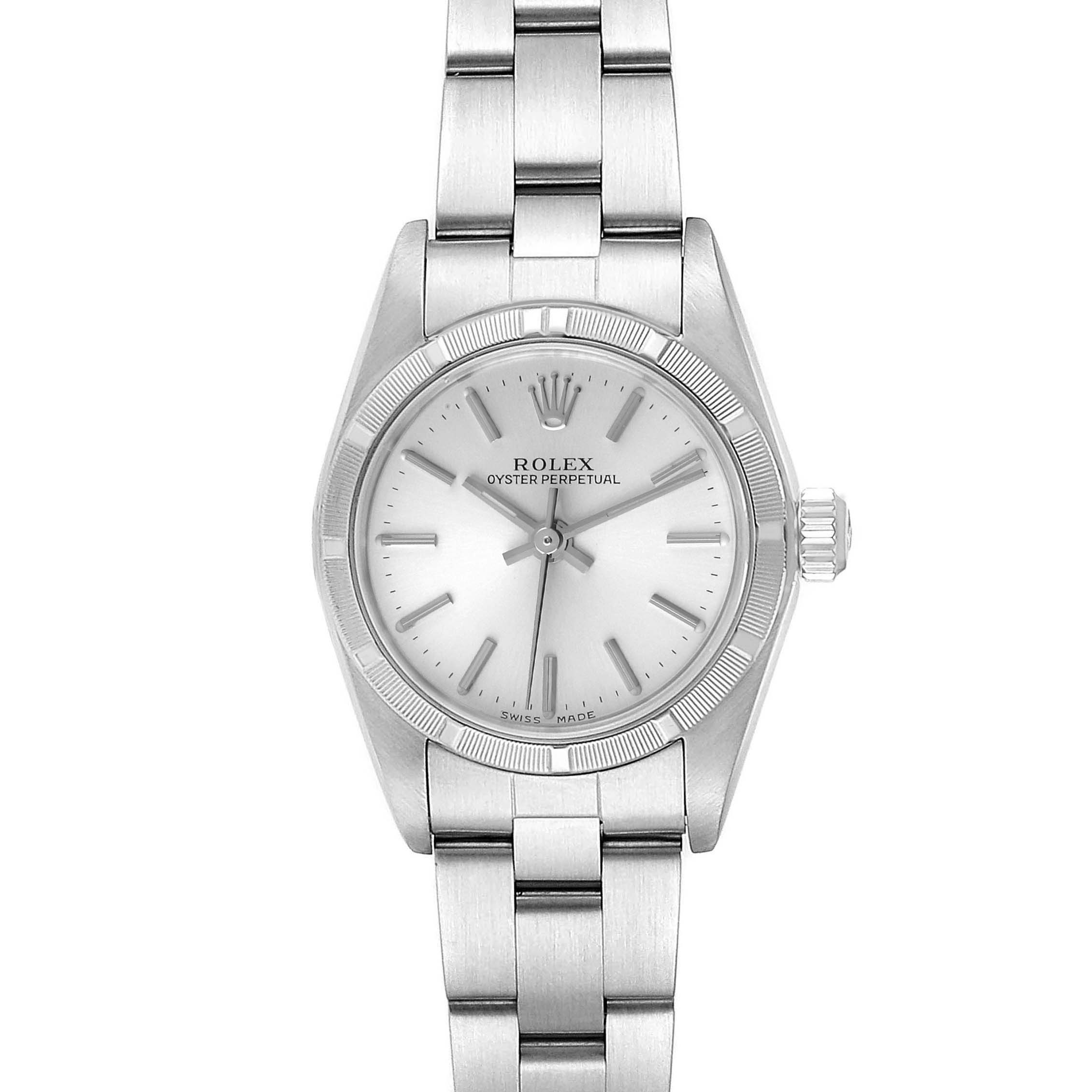 The Rolex Oyster Perpetual 76030 Women's Stainless Steel Silver Dial 76030 Women's Stainless Steel Silver Dial watch is shown from the front, displaying its face, bezel, crown, and bracelet.