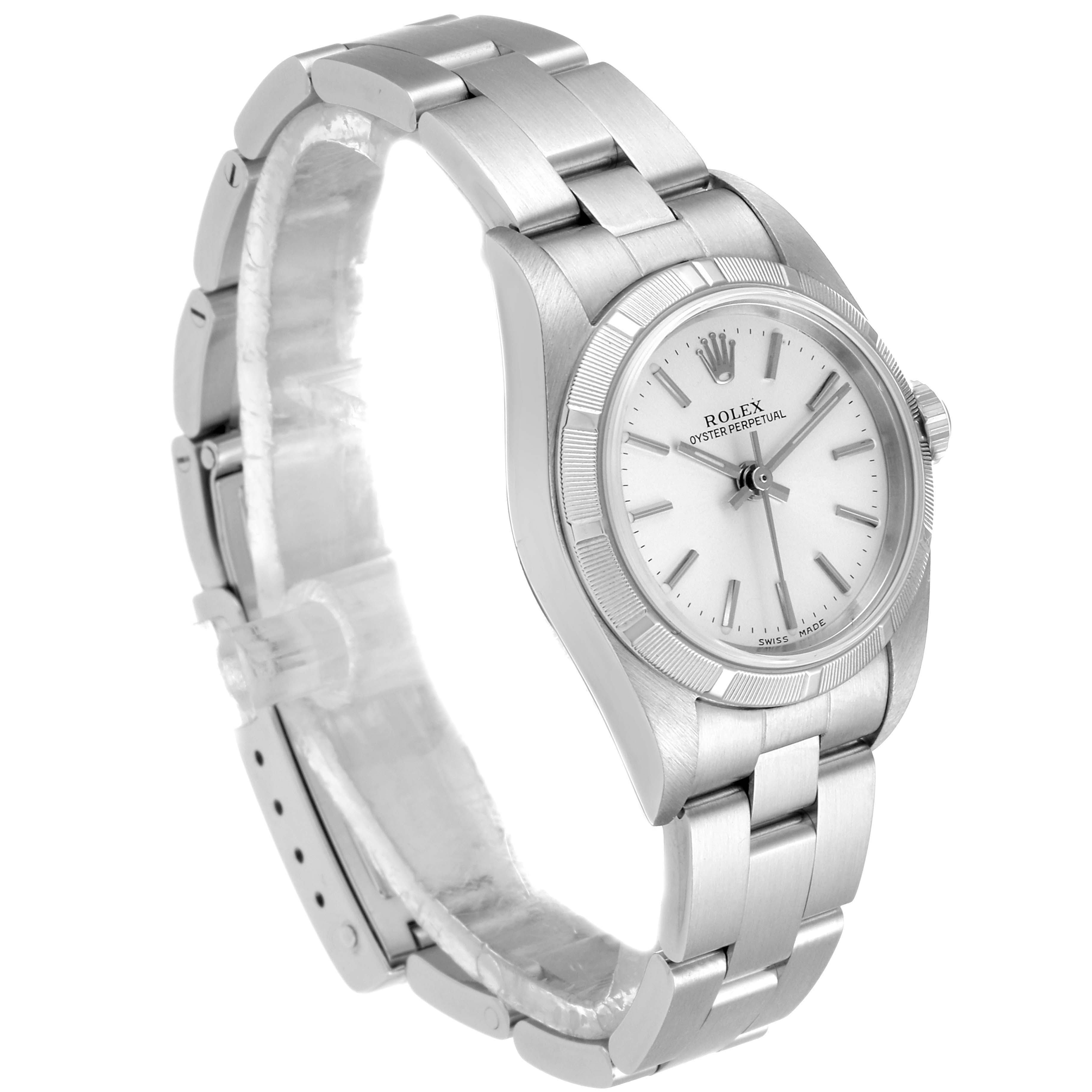 The image shows a Rolex Oyster Perpetual 76030 Women's Stainless Steel Silver Dial 76030 Women's Stainless Steel Silver Dial watch angled from the front and left side, showcasing the dial and bracelet.