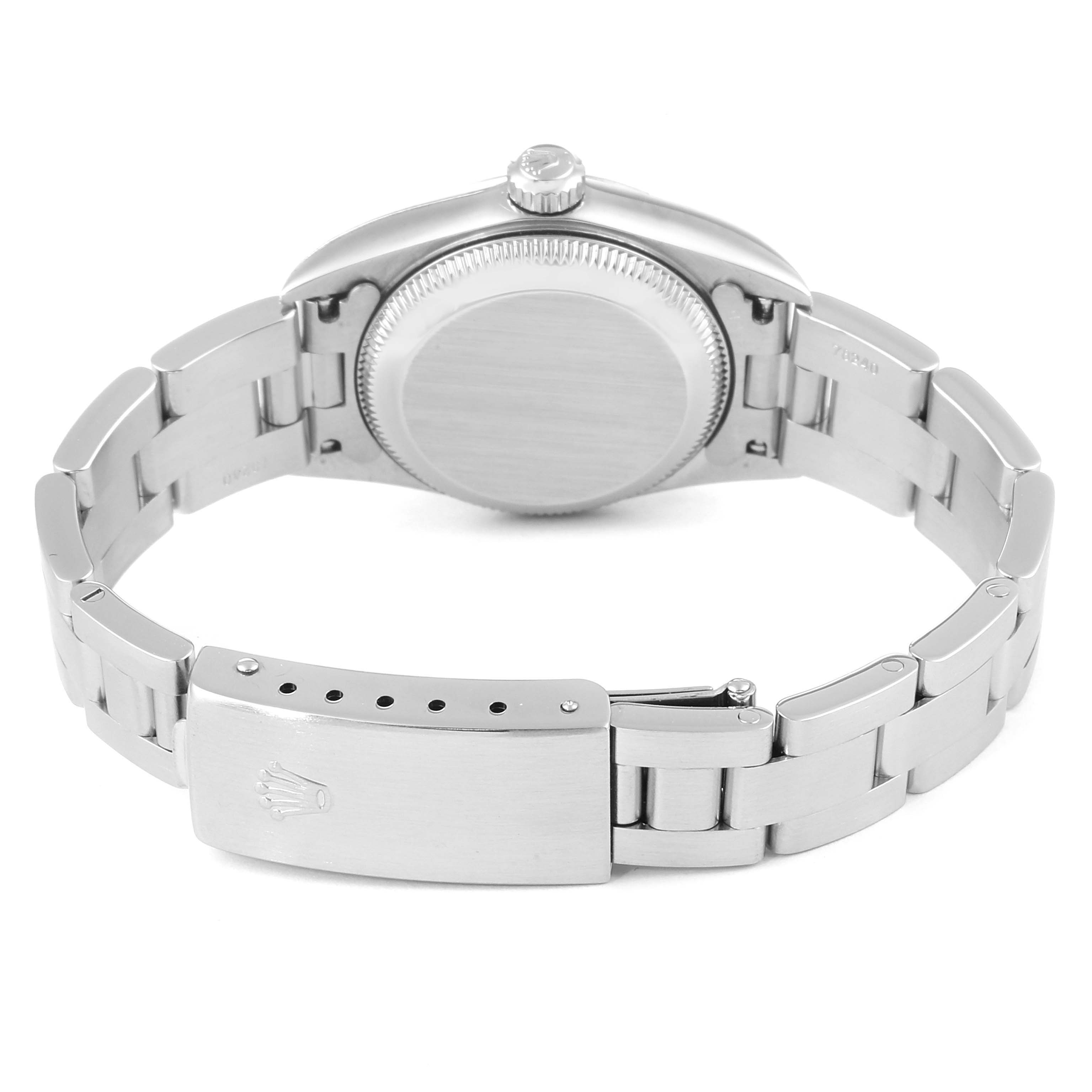 The image shows the back case and bracelet of a Rolex Oyster Perpetual 76030 Women's Stainless Steel Silver Dial 76030 Women's Stainless Steel Silver Dial watch.