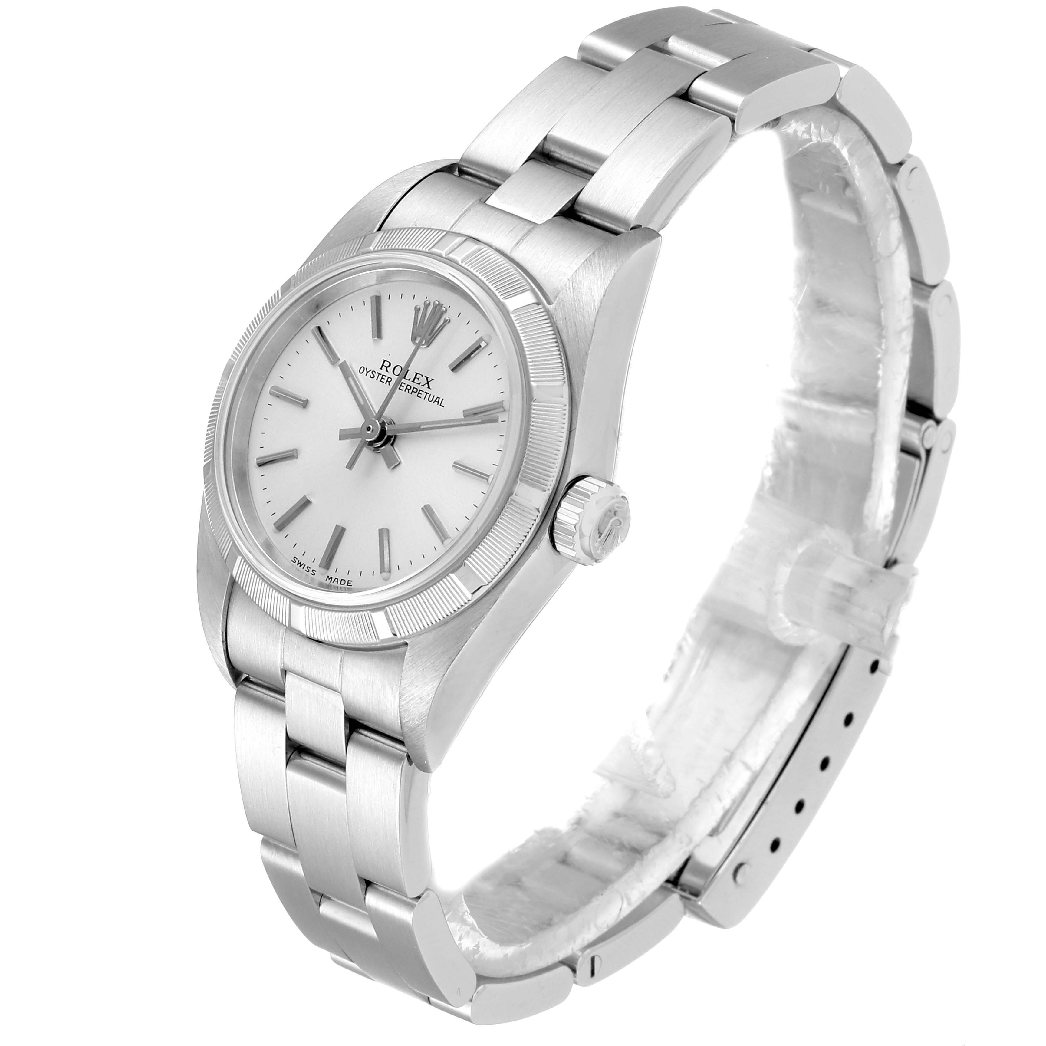 The image shows a Rolex Oyster Perpetual 76030 Women's Stainless Steel Silver Dial 76030 Women's Stainless Steel Silver Dial watch angled from the front and right side, highlighting the face, bezel, and bracelet.