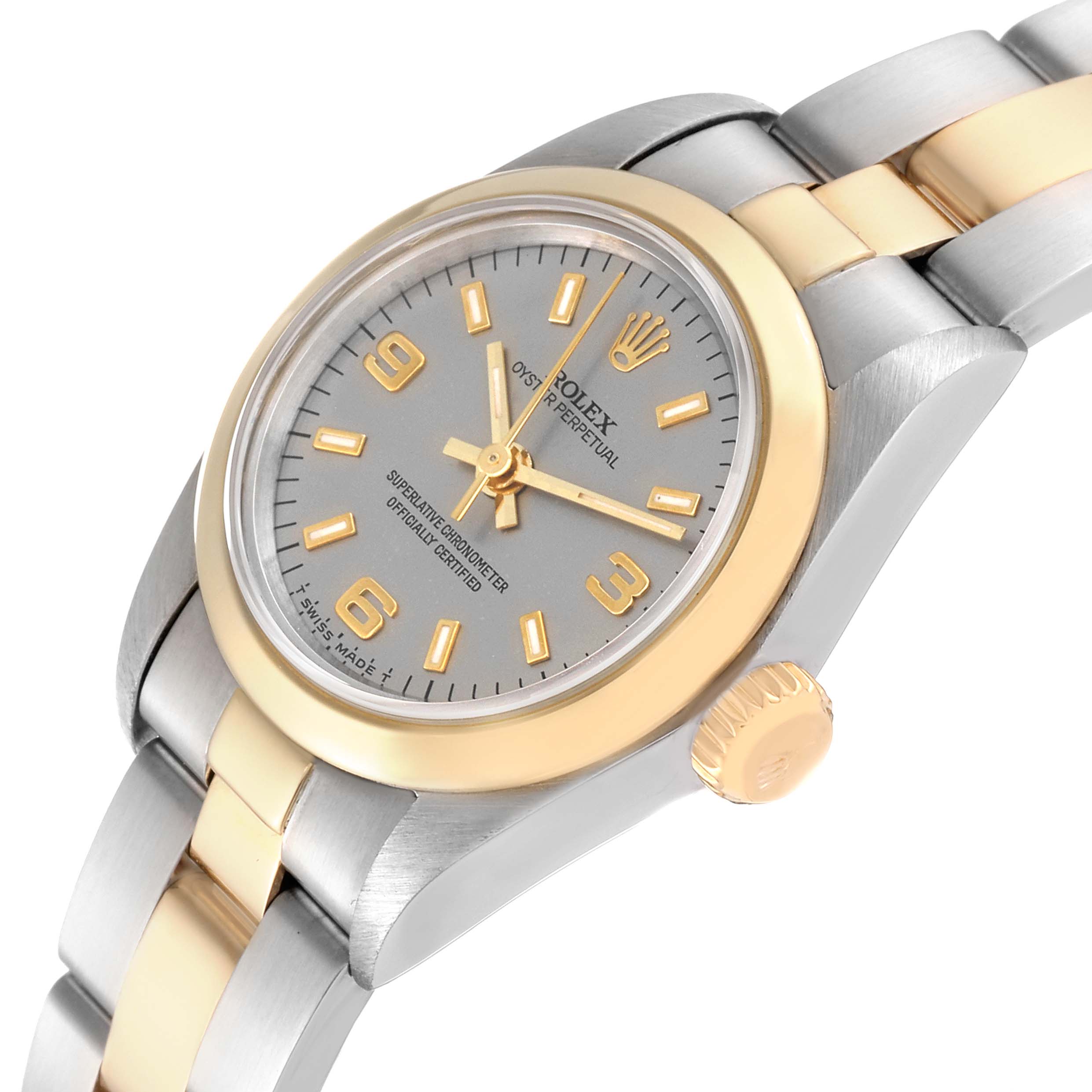 The image shows a side and partial top view of a Rolex Oyster Perpetual 67183 Women's Steel and Gold (two tone) Grey Dial 67183 Women's Steel and Gold (two tone) Grey Dial watch, displaying the dial, bracelet, and crown.