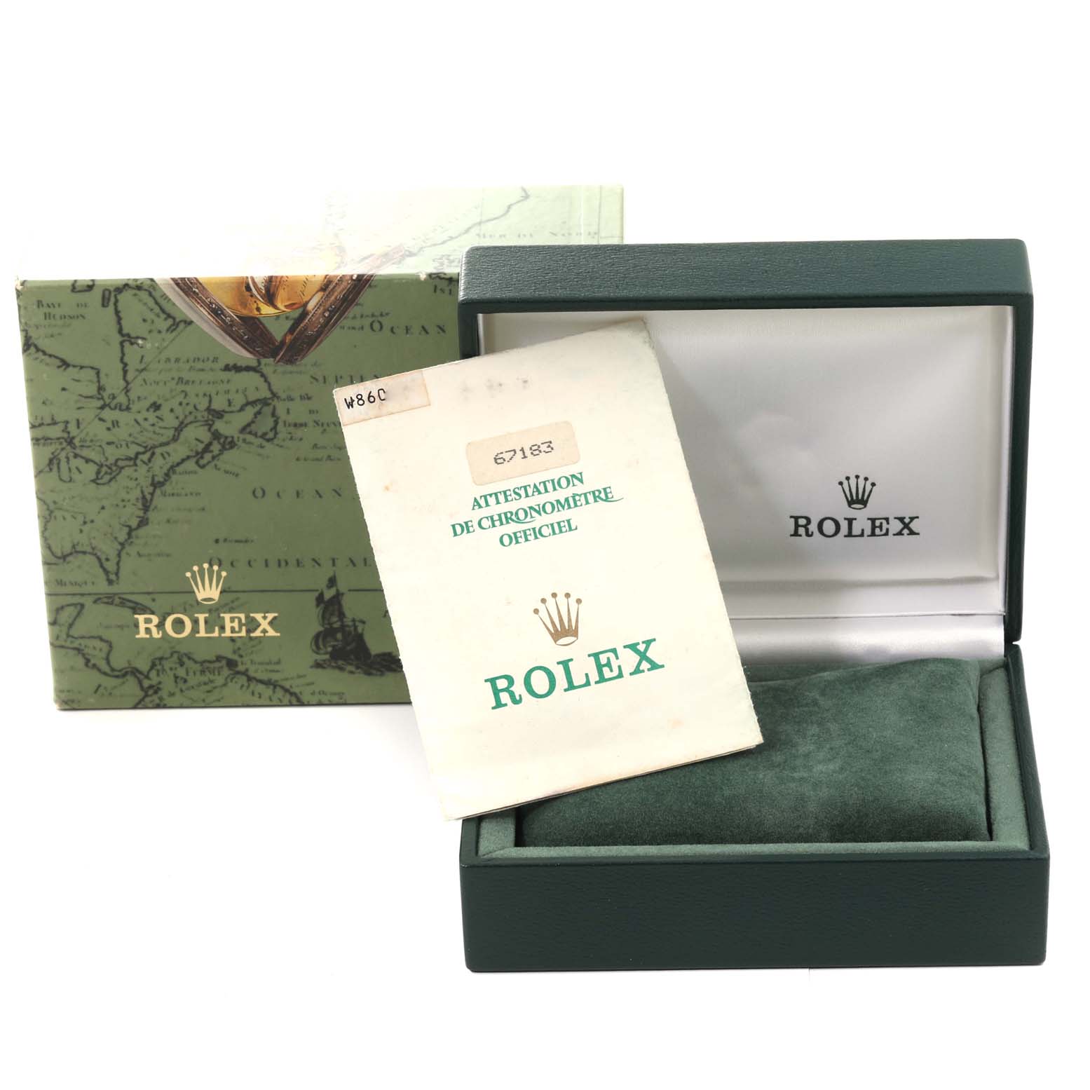The image shows the packaging and paperwork for a Rolex Oyster Perpetual 67183 Women's Steel and Gold (two tone) Grey Dial 67183 Women's Steel and Gold (two tone) Grey Dial, including the box and an official chronometer certification.