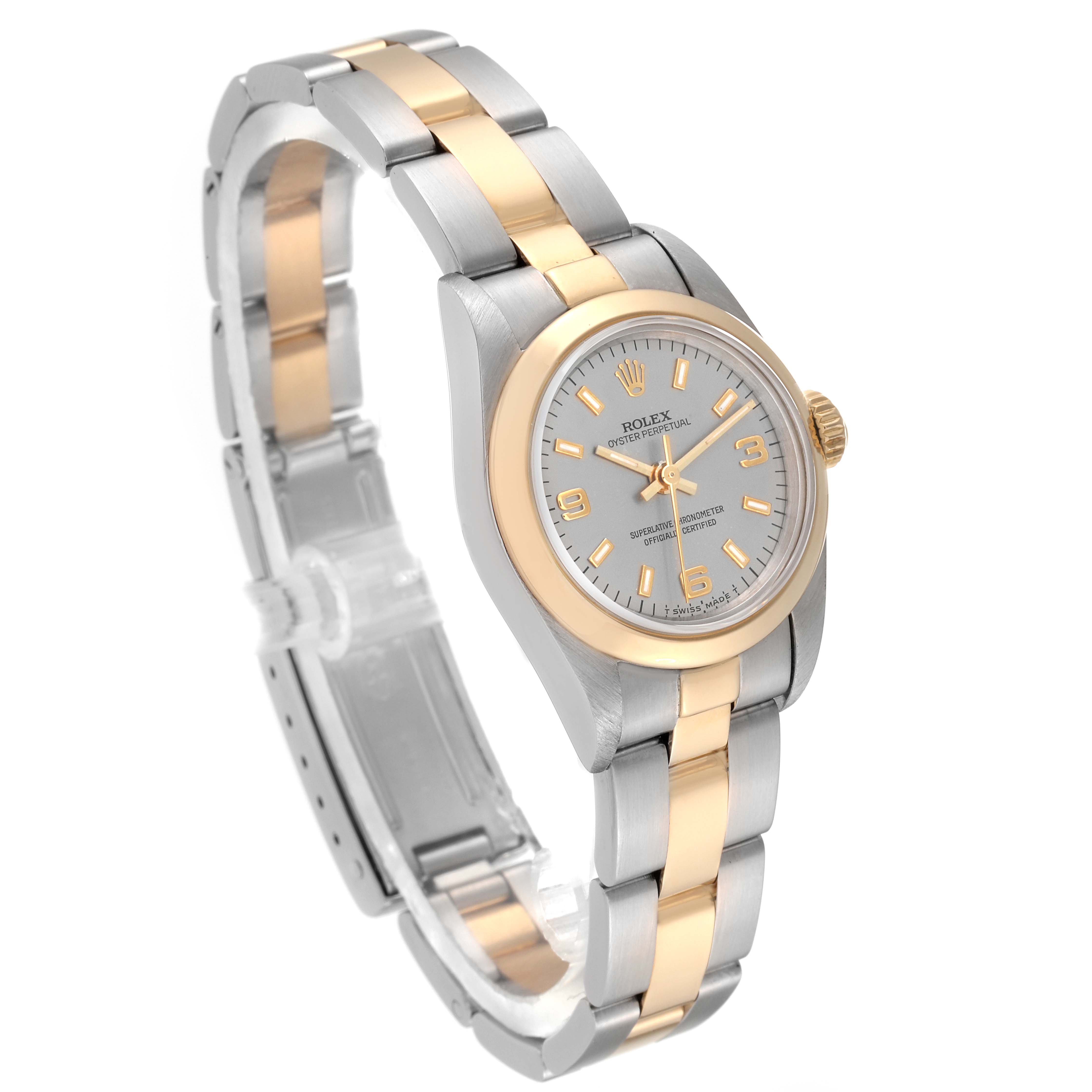 The Rolex Oyster Perpetual 67183 Women's Steel and Gold (two tone) Grey Dial 67183 Women's Steel and Gold (two tone) Grey Dial watch is shown at a three-quarter angle, displaying the dial, bezel, and bracelet.
