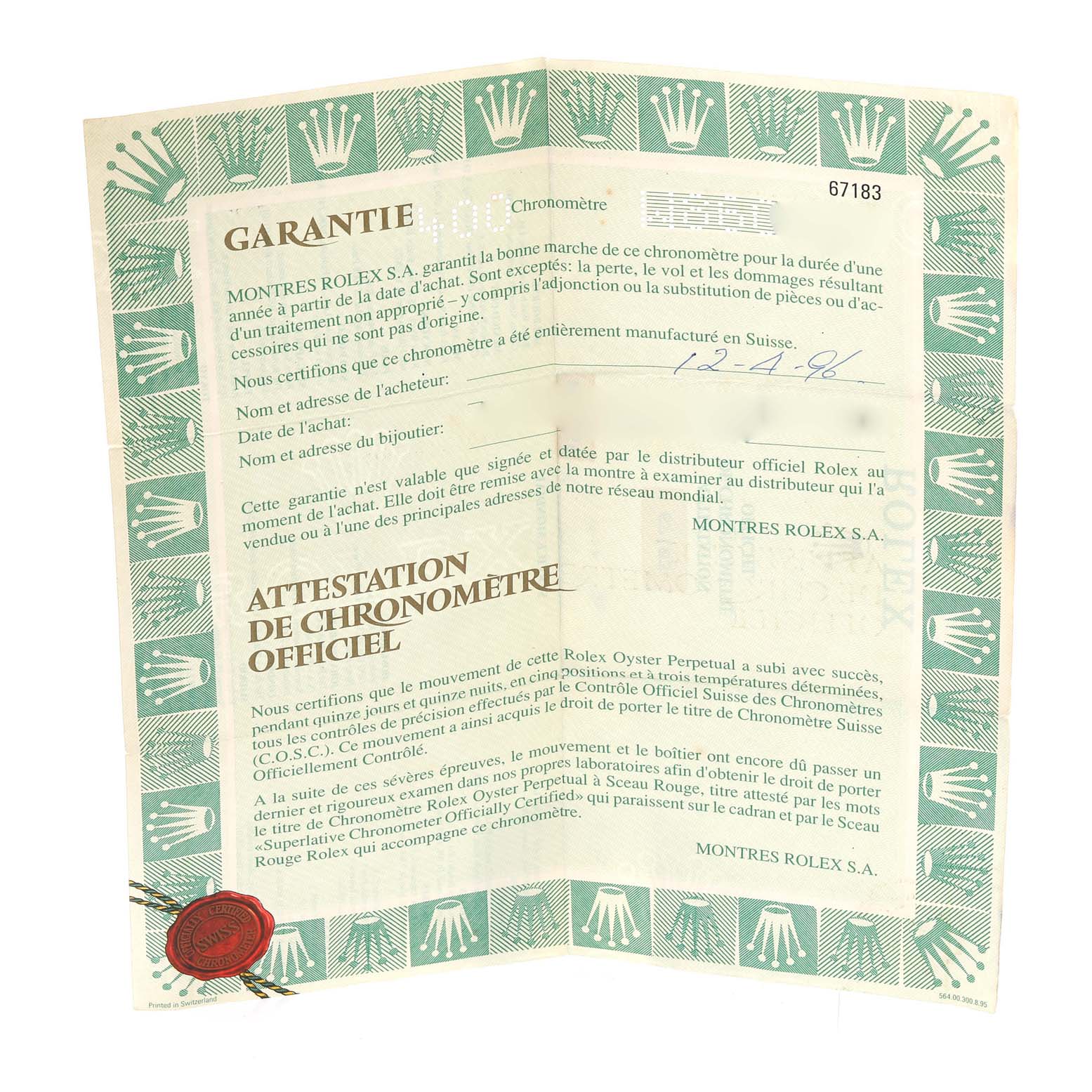 This is an image of the warranty and official chronometer certification for a Rolex Oyster Perpetual 67183 Women's Steel and Gold (two tone) Grey Dial 67183 Women's Steel and Gold (two tone) Grey Dial watch.