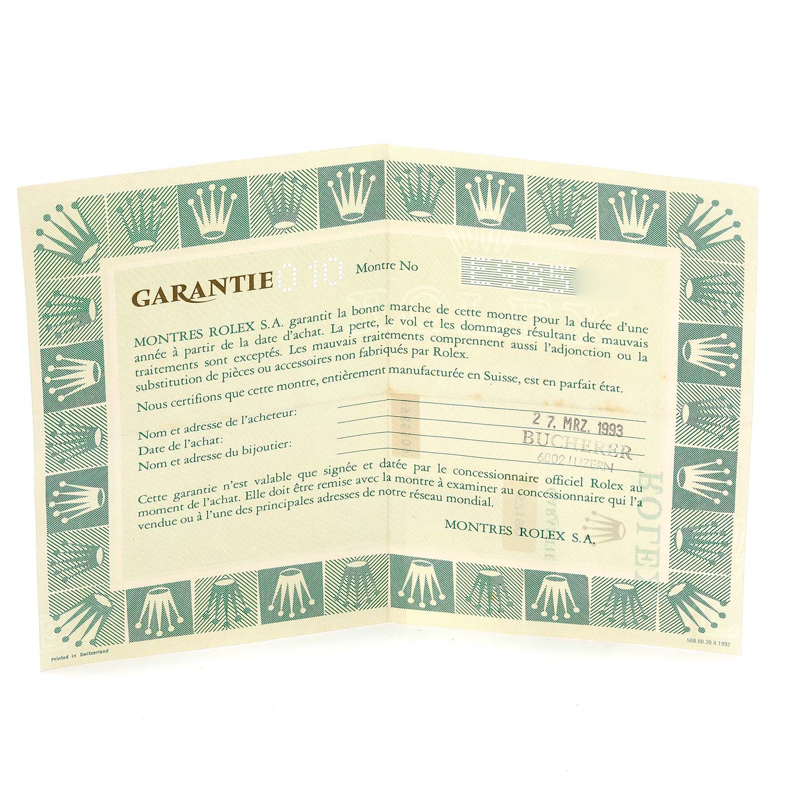 This image shows a warranty certificate for the Rolex Oyster Perpetual 67180 Women's Stainless Steel White Dial 67180 Women's Stainless Steel White Dial model, highlighting the brand's logo and text.